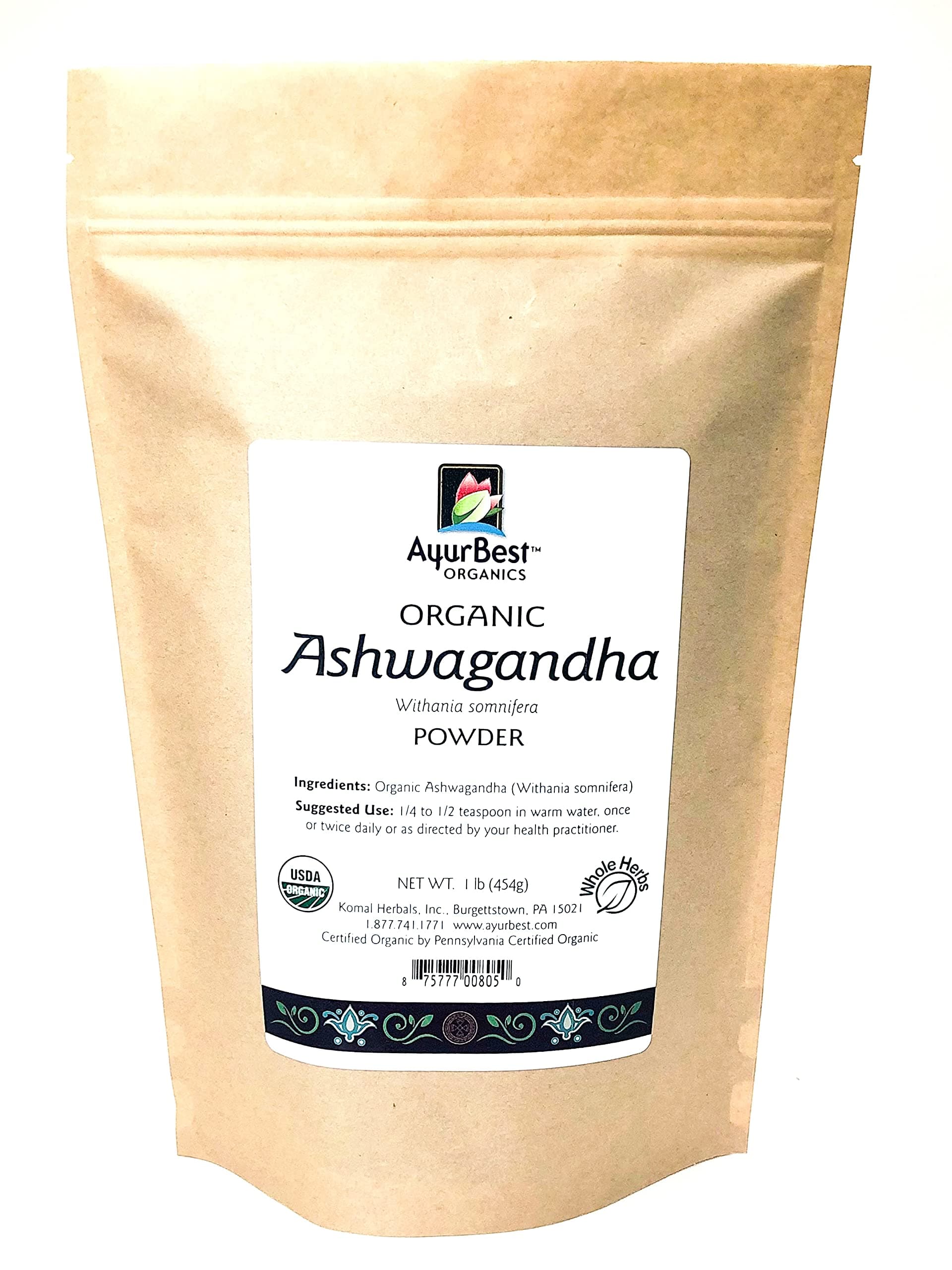 AyurBest Ashwagandha Root Powder Organic USDA Certified (1 lb Bag)