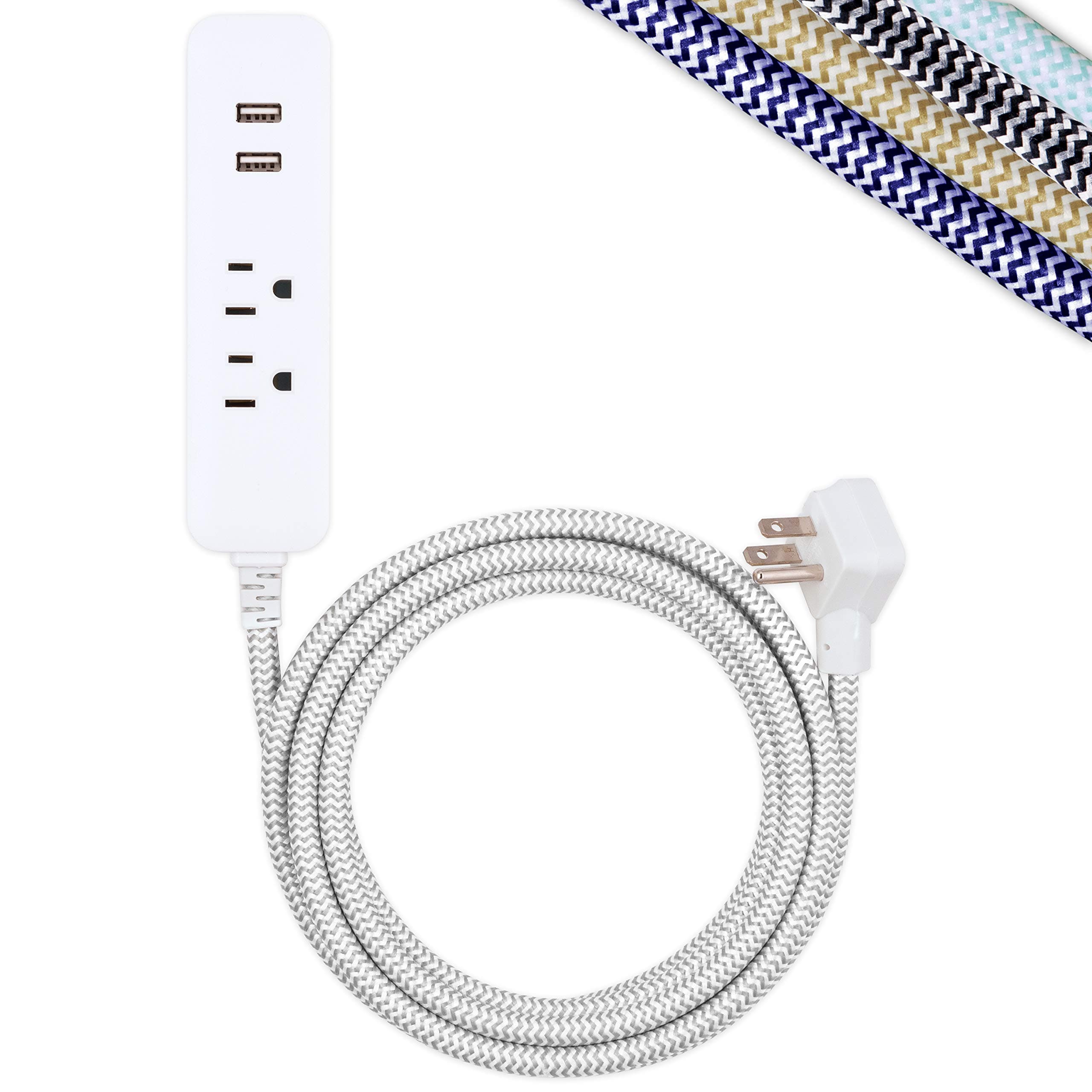 Surge Protector Power Strip, 2 Outlet 10 Ft Braided Cord Power Strip with USB Ports, 3-Prong Flat Plug, White, 41691