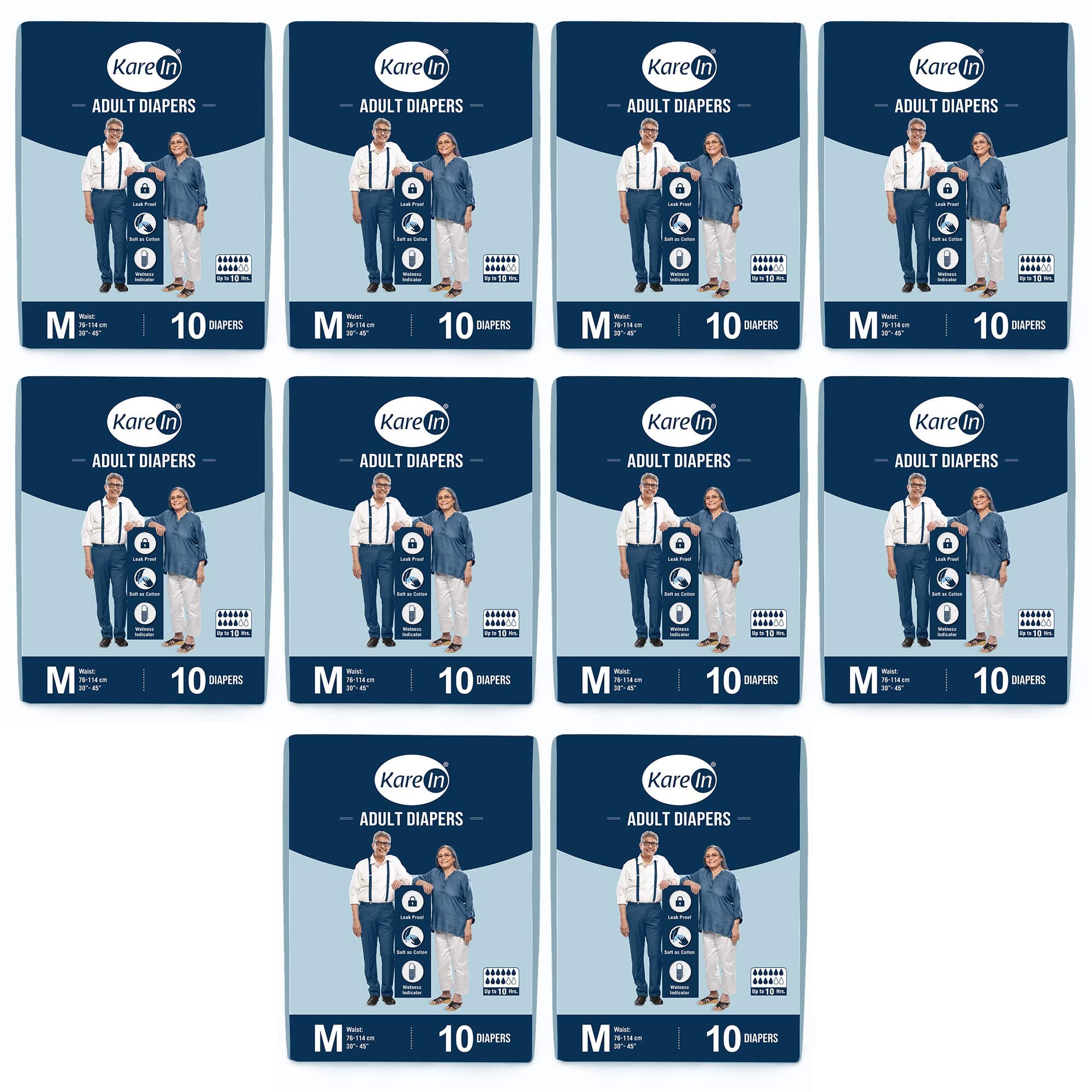 Kare In Adult Diapers Medium 10 Count, Waist Size 76-114cm (30"-45")-Pack of 10 (100 Counts)