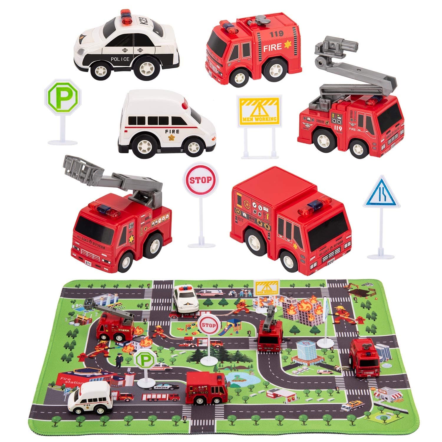 Kilpkonn Fire Truck Toys with Play Mat,Fire Vehicles Set Include 6 Fire Engines, 4 Road Signs, 14" x 18" Fire Rescue Playmat, Mini Pull Back Car Toys,Perfect Car Party Favors Gift