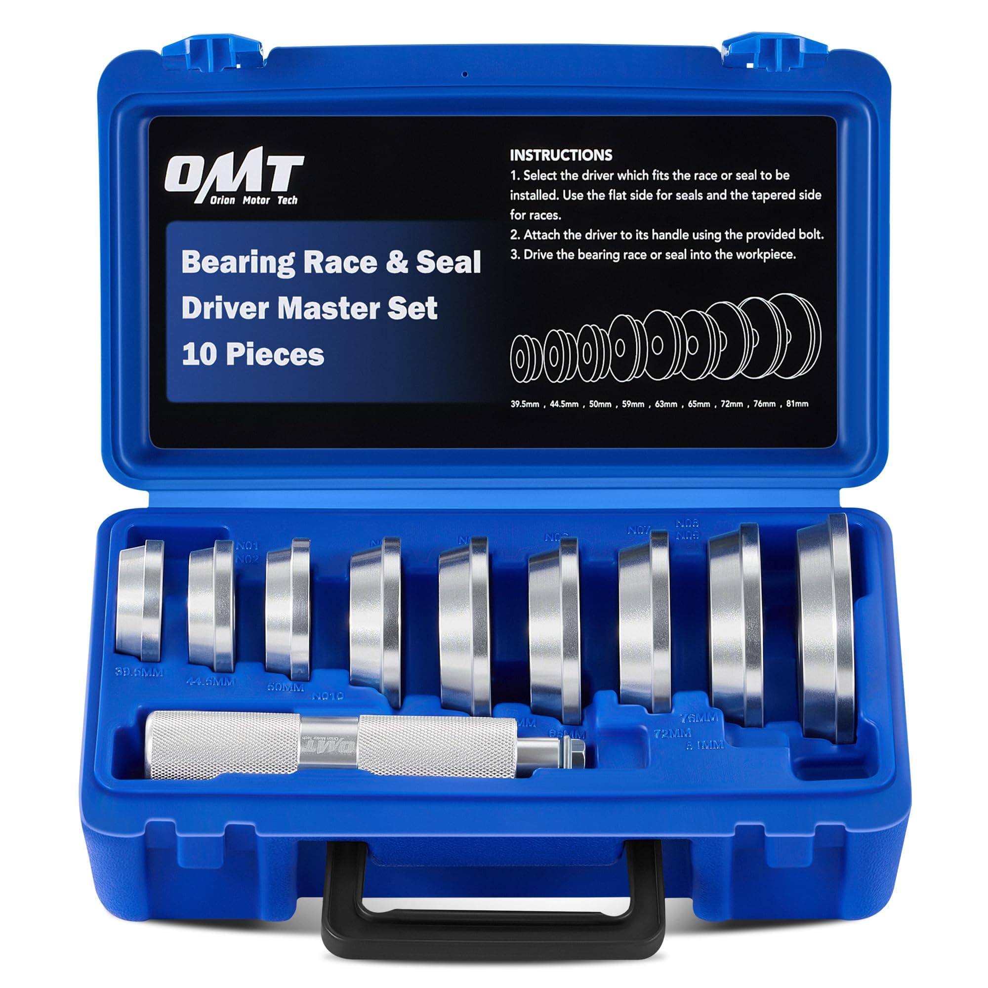 Orion Motor Tech Bearing Press Kit, 10pc Bearing Race and Seal Driver Set with Seal Driver and 9 Bearing Adapters, Seal Installer Bearing Driver Kit for Bearing Installation, with Blue Case