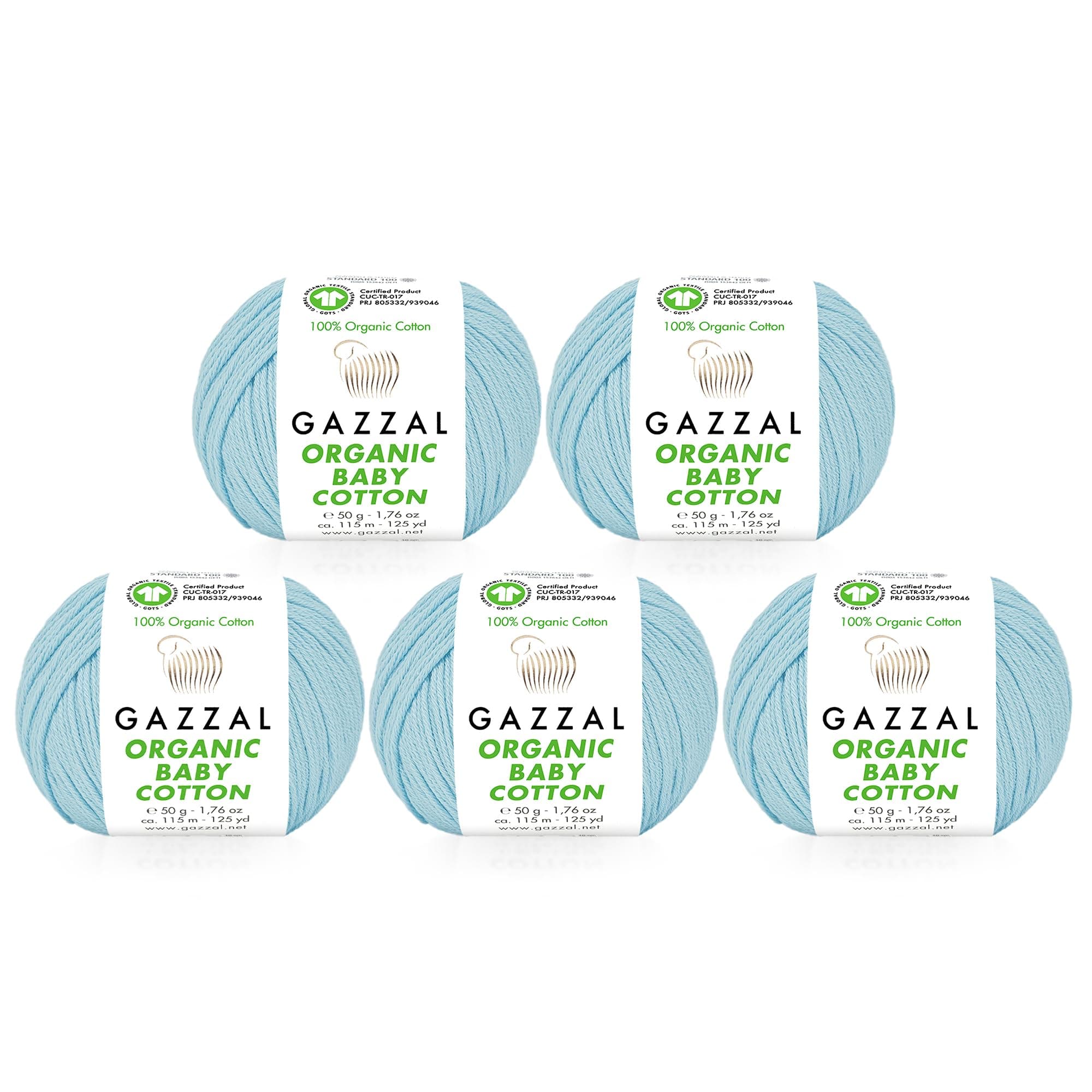 5 Ball (Pack) Gazzal Organic Baby Cotton Yarn, Total 8.8 Oz. 100% Organic Cotton, Each 1.76 Oz (50g) / 125 Yrds (115 m), 3 Light DK, Blue - 423