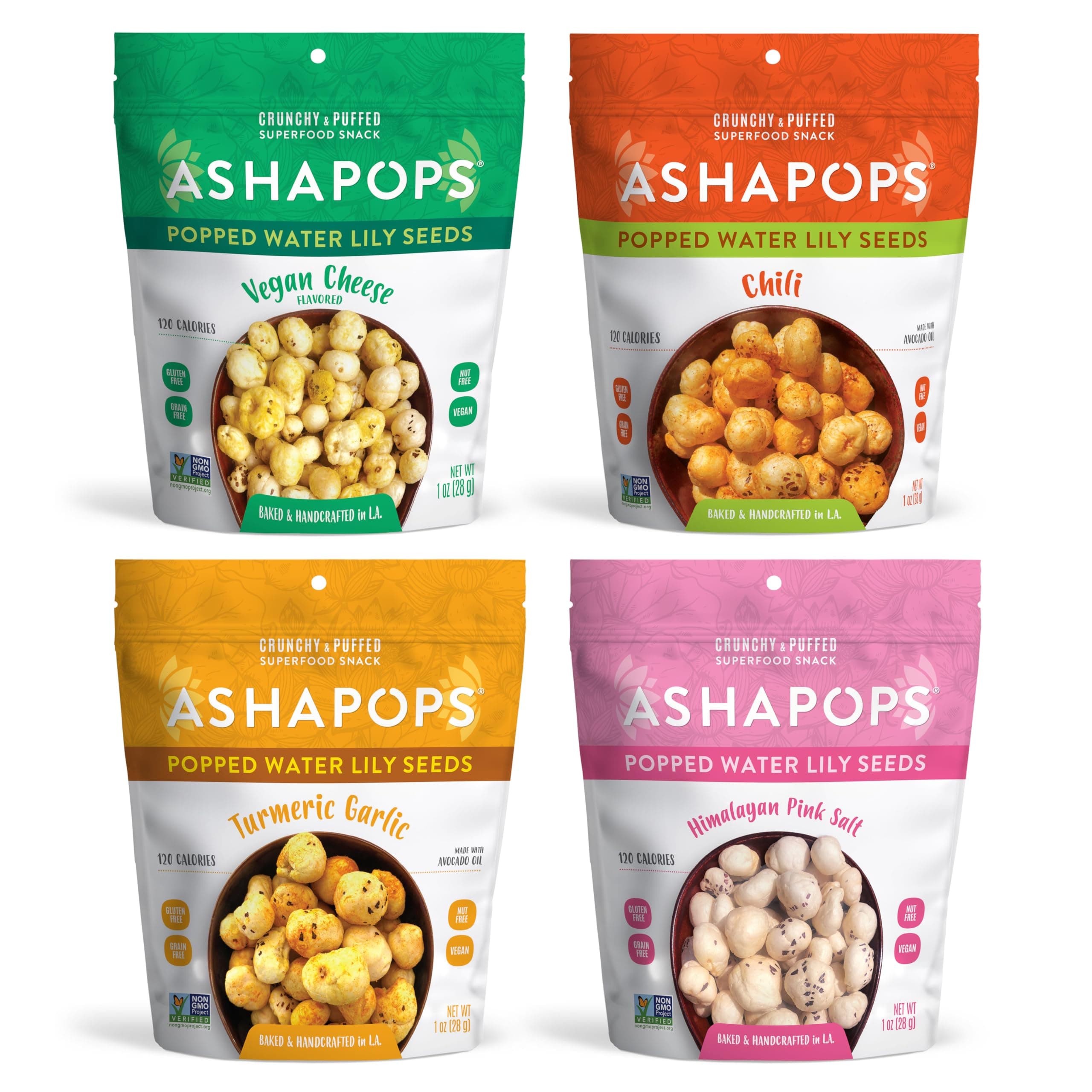 Variety Pack Popped Water Lily Seeds - Gluten Free | Vegan | Paleo | Kosher OU| Soy Free | 1 oz | (Pack of 4 Bags)