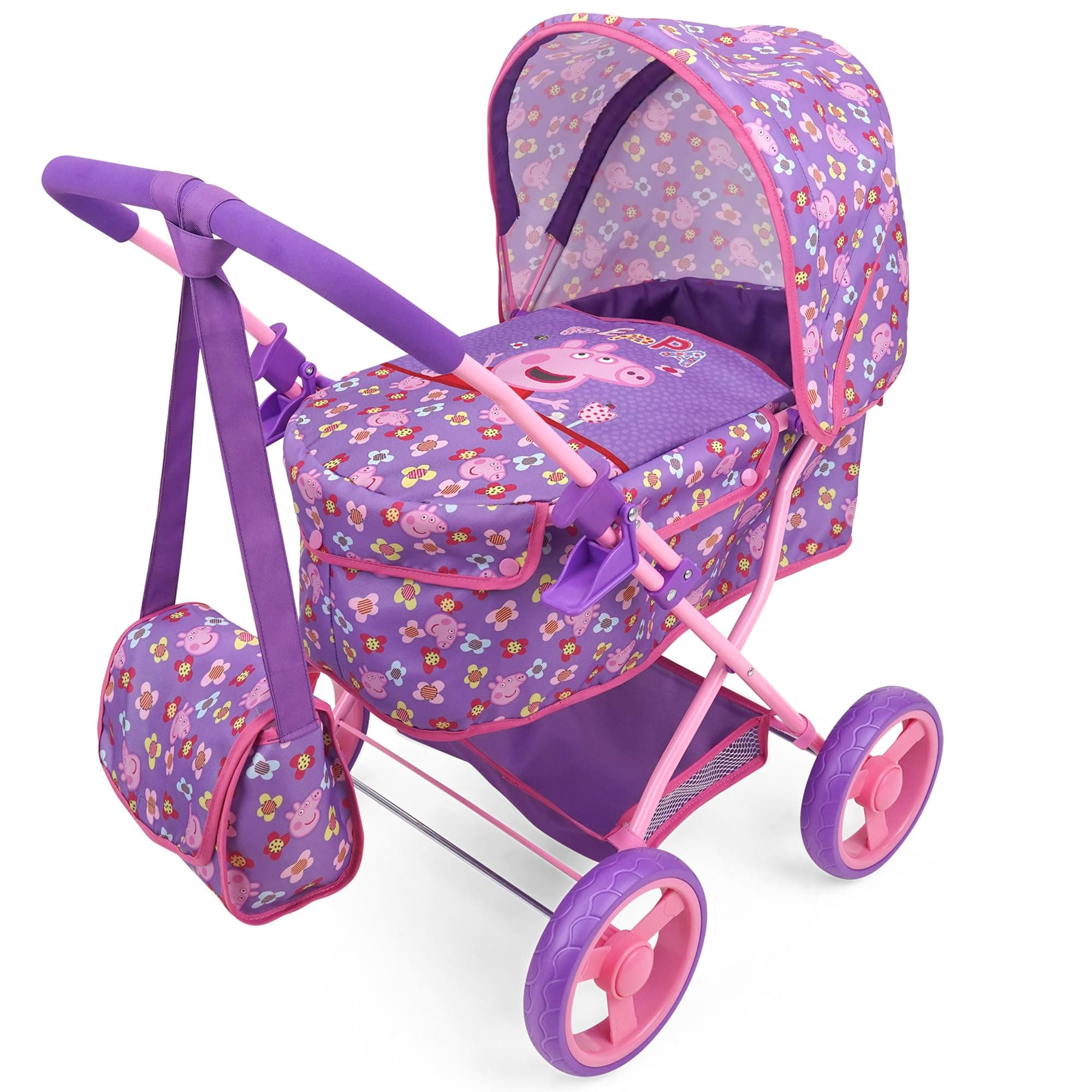 Doll Deluxe Pram & Bag - Purple, Pink, Flowers - Accessory for Dolls Up to 18", Shoulder Bag, Foldable, Retractable Canopy, Kids to, Age 3+
