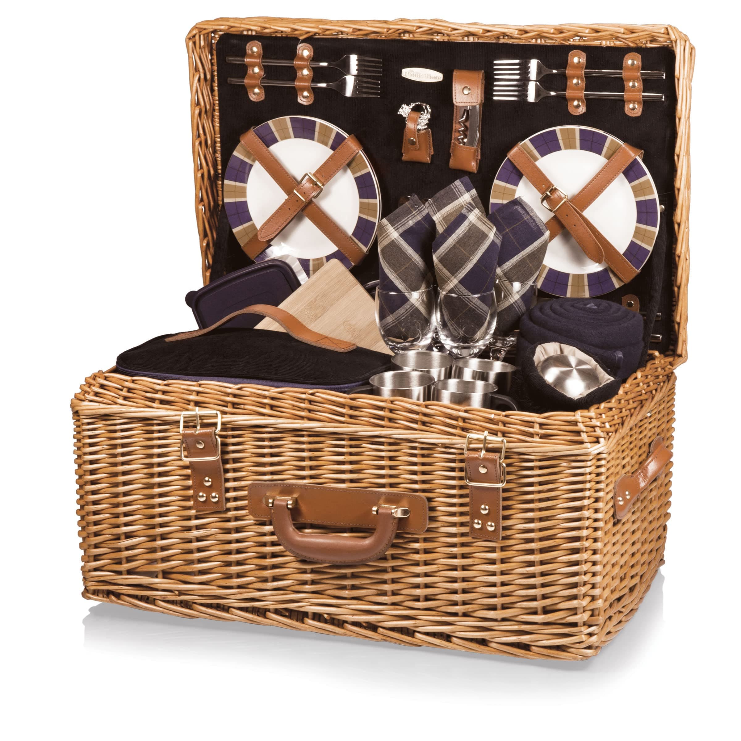 Windsor English-Style Willow Picnic Basket with Deluxe Service for 4