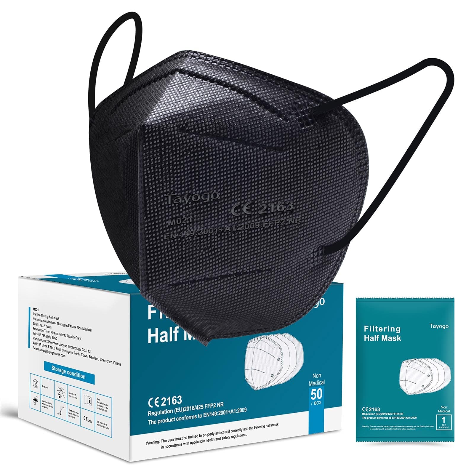 Tayogo FFP2 Disposable Face Masks,KN95 Mask Protection for Women Men Adult,5-Ply High Filtration with UK CE Certified,50Pack Black Masks