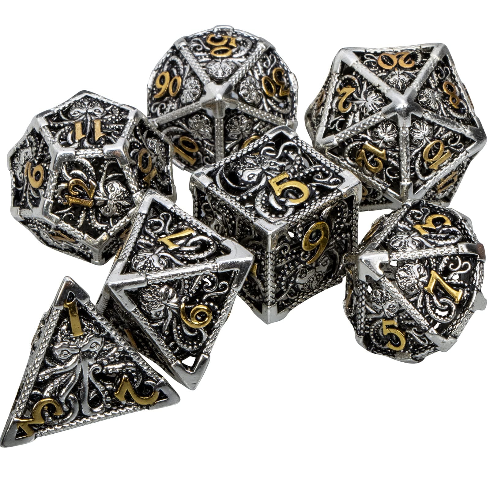 Metal DND Dice Set Mind Flayer Dice, Hollow Large D and D Dice for Dungeons and Dragons MTG Pathfinder RPG Board Games, Role Playing Dice 7pcs D&D Dice Set with Gift Box, D20 D12 D10 D8 D6 D4