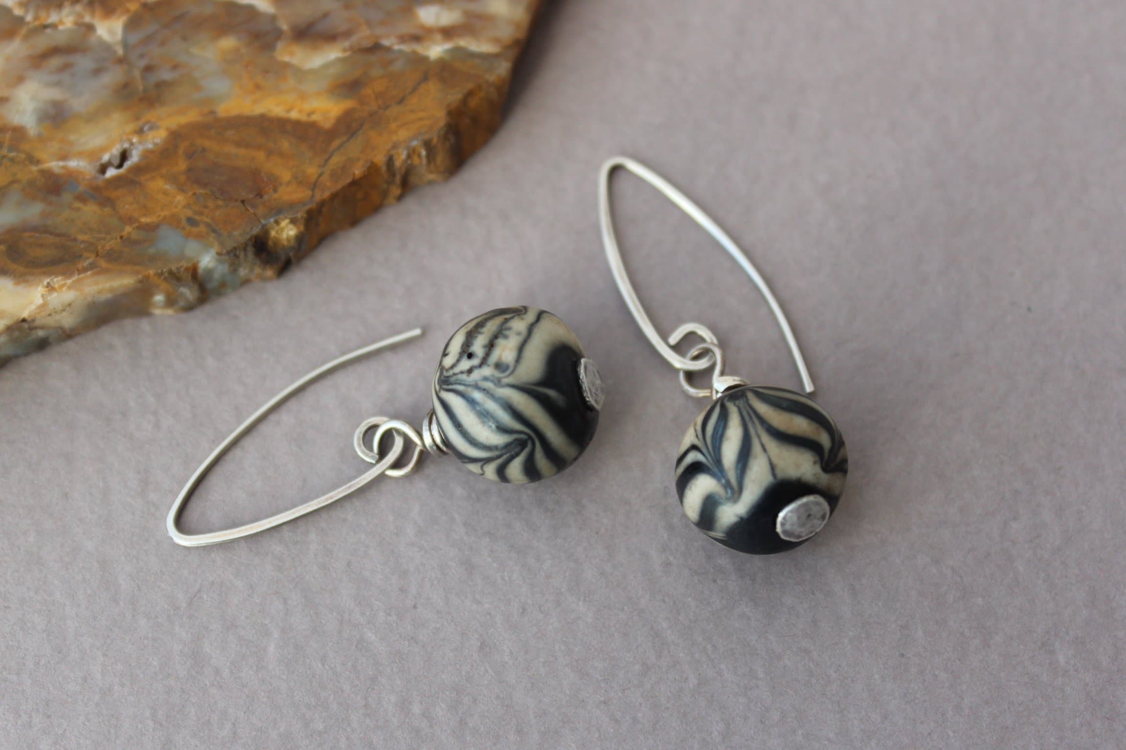 Black and White Antique Islamic Glass Bead Dangle Earrings