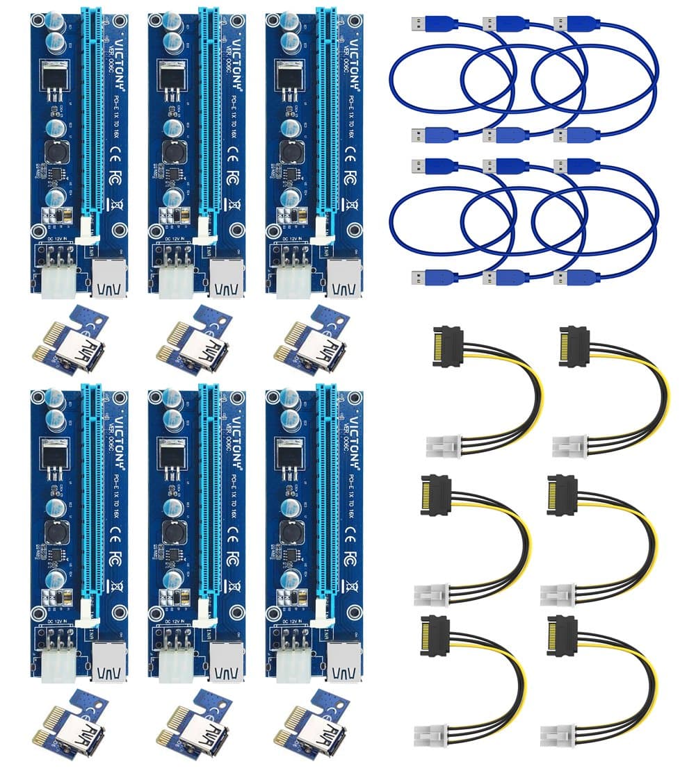 VICTONY 6 Pack 6 Pin PCI-E 1x to 16x Powered Riser Adapter Card w/ 60cm USB 3.0 Extension Cable & 6 Pin PCI-E