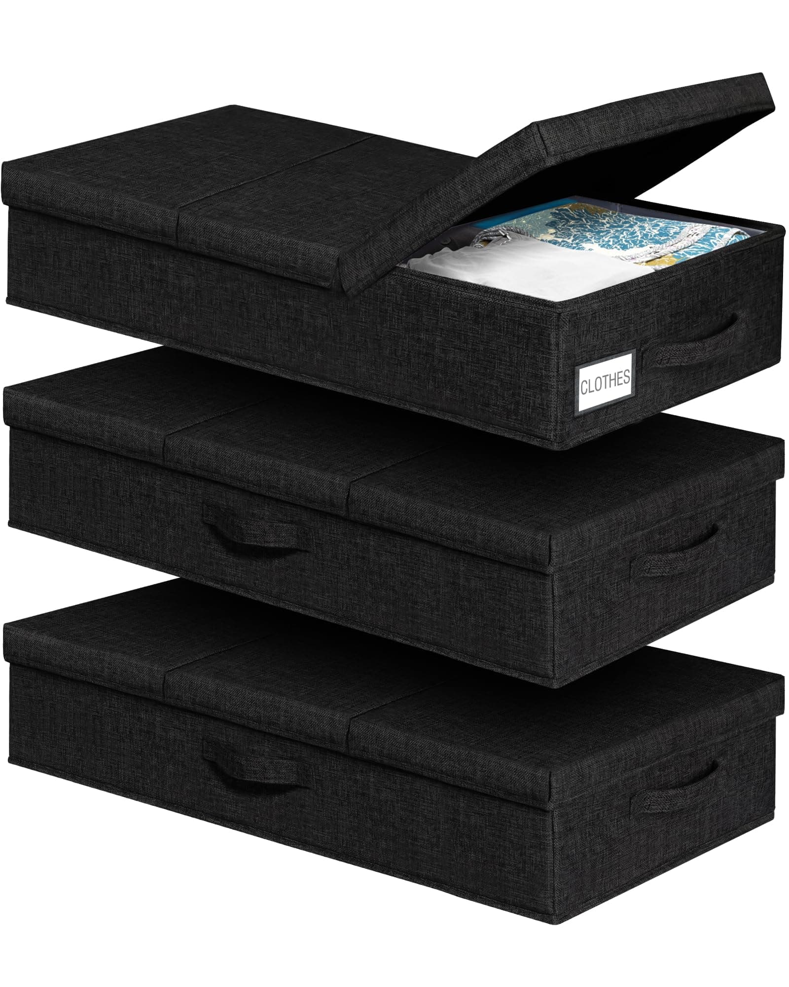 mepure 3 Pack Under Bed Storage Box with Lid, Sturdy Side & Bottom Support Underbed Storage, Foldable & Stackable Storage Boxes,Clothes, Bedding, Wardrobe Organiser,79x40x15cm, Black