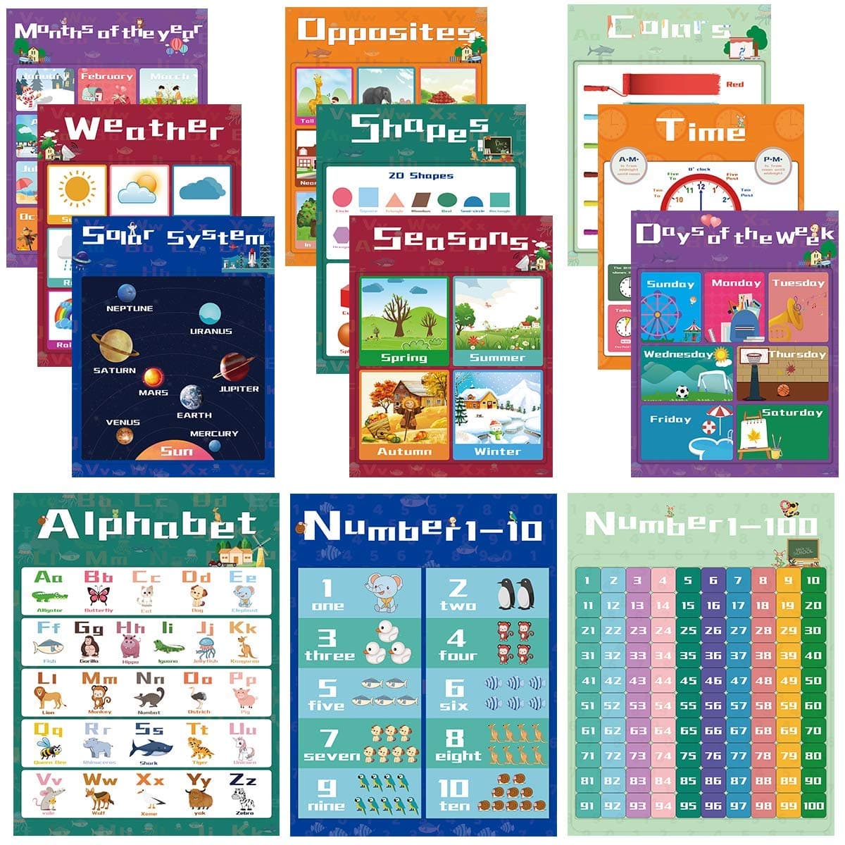 Educational Preschool Learning Posters for Toddlers, Kids Posters for Nursery Homeschool Kindergarten, Numbers Alphabet Colors Poster, Teaching Supplies for Pre-K Classroom Wall [12 Pack, 11x14 Inch]