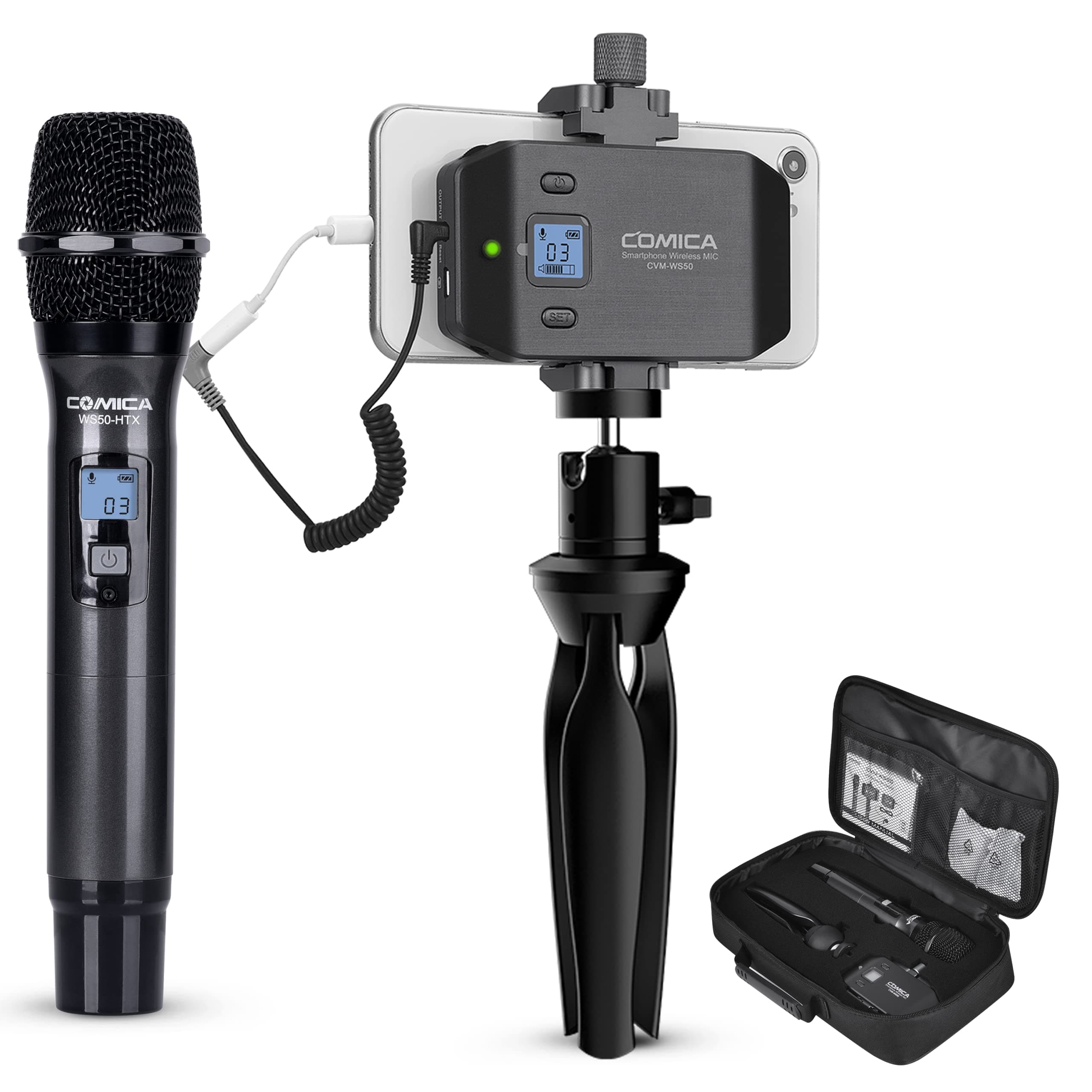 Comica CVM-WS50(H) Wireless Microphone System, 6 Channels Handheld Interview Microphone with Flexible Combination Grip for Smartphone, Camera, Perfect for YouTube, Interview, Video Conference, Podcast