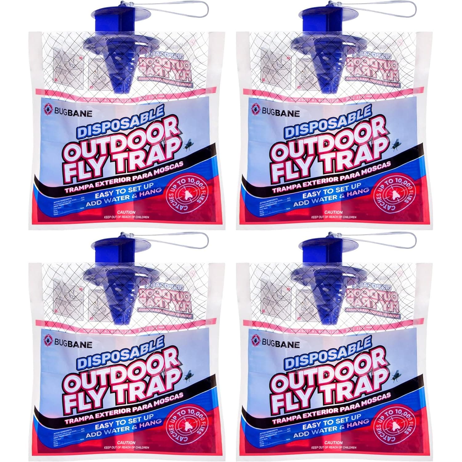 Fly Traps Outdoor Fly Trap for Patio. 4 Non-Toxic Pre-Baited Flies Bags Outdoor Disposable. Hanging Bug Catchers for All Filth Flies Killer for Outside Bug Control in Yard Horse Ranch Trash Can