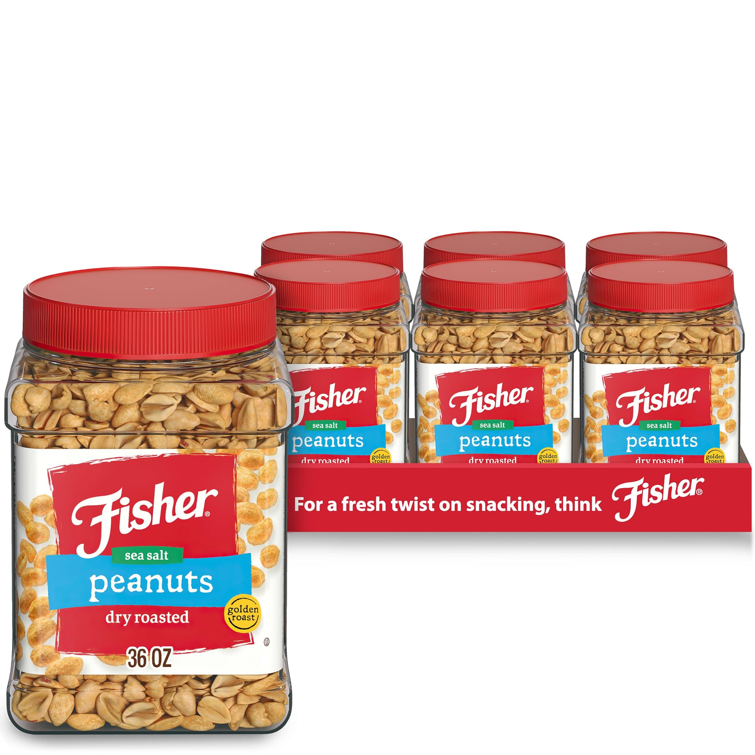 Fisher Snack Sea Salt Dry Roasted Peanuts, 36 Ounces (Pack of 6), No Artificial Colors or Flavors, 100% Recyclable
