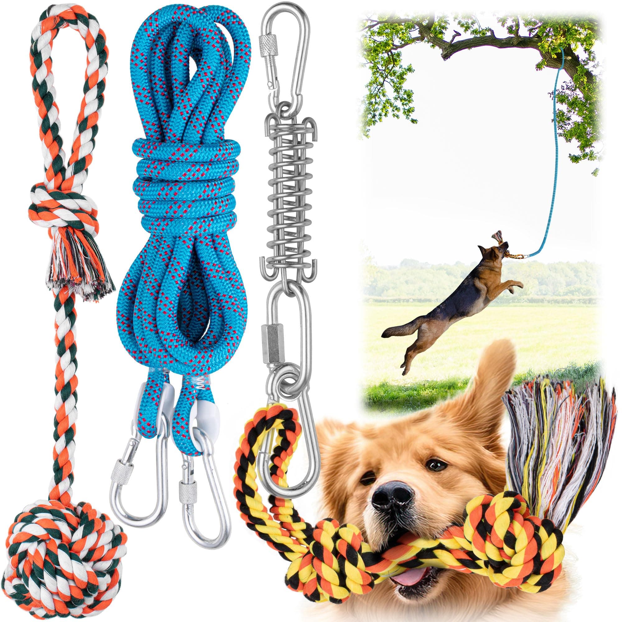 YES4QUALITY Dog Outdoor Bungee Hanging Toy, Blue Interactive Tug Toy Rope w/Metal Spring Kit & 2 Rope Toys, Heavy-Duty Exercise Equipment for Medium & Large Dogs, Tether Tug of War Dog Toys