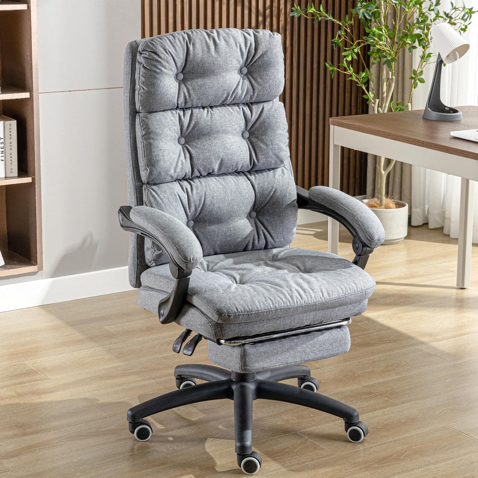 Blisswood Ergonomic Desk Chair with Footrest – Comfortable Office Chair with Lumbar Support & Padded Armrest, Reclining Backrest, 360° Swivel Comfy Seat for Home Office, Study, PC Gaming - Light Grey