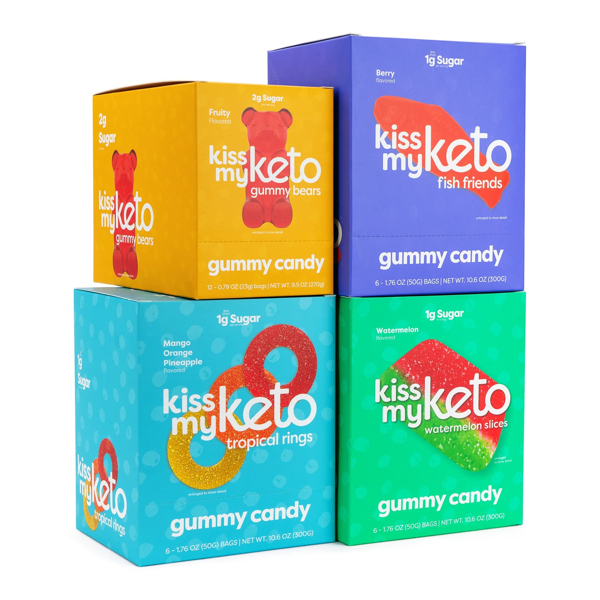 Kiss My KetoCandy Variety 30-Pack | Low Sugar (2g), Low Carb Candy (3g) | 12x Keto Gummy Bears, 6x Tropical Rings, 6x Fish Friends, 6x Sour Watermelon - Low Calorie Snacks, Non-GMO, Soy & Gluten Free