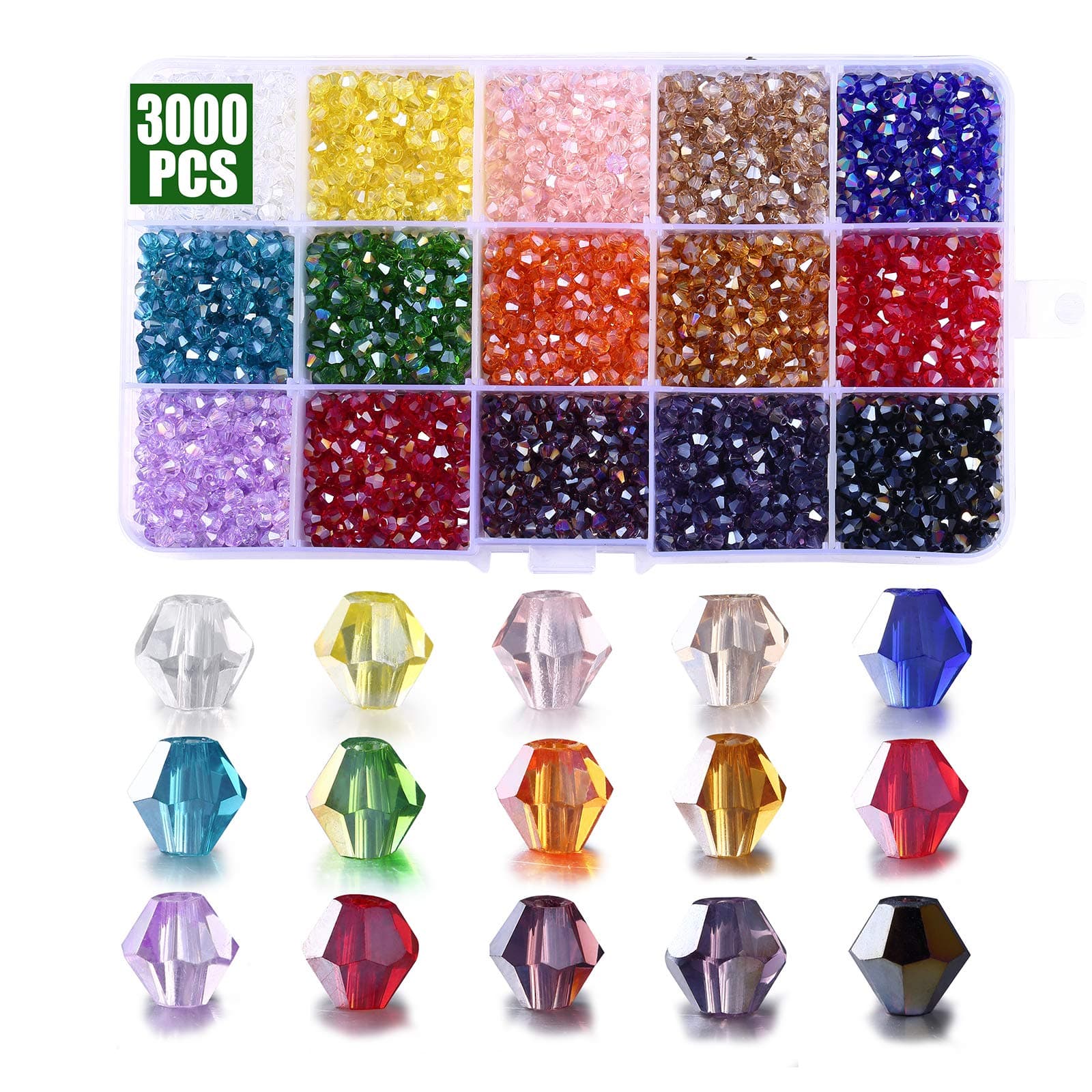 Bicone Beads for Jewelry Making, 3000pcs 4mm Bicone Crystal Glass Beads- Perfect for Suncatcher Handmade Crafts, DIY Bracelets, Necklaces, Dolls (15 Color- AB Colorful)