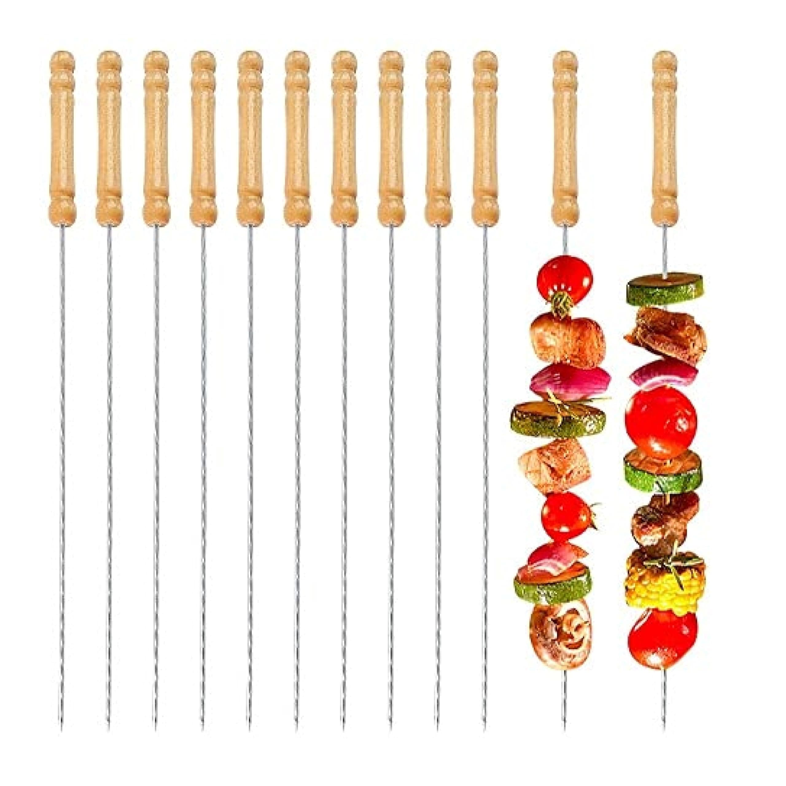 Skewer Sticks for Barbecue Grilled Foods- 22 CM Long Steel Rods with Wooden Handle for Easy Making Chicken Tandoor, Paneer Tikkas, Seekh Kabab Etc.- 12 Pc of Set Silver