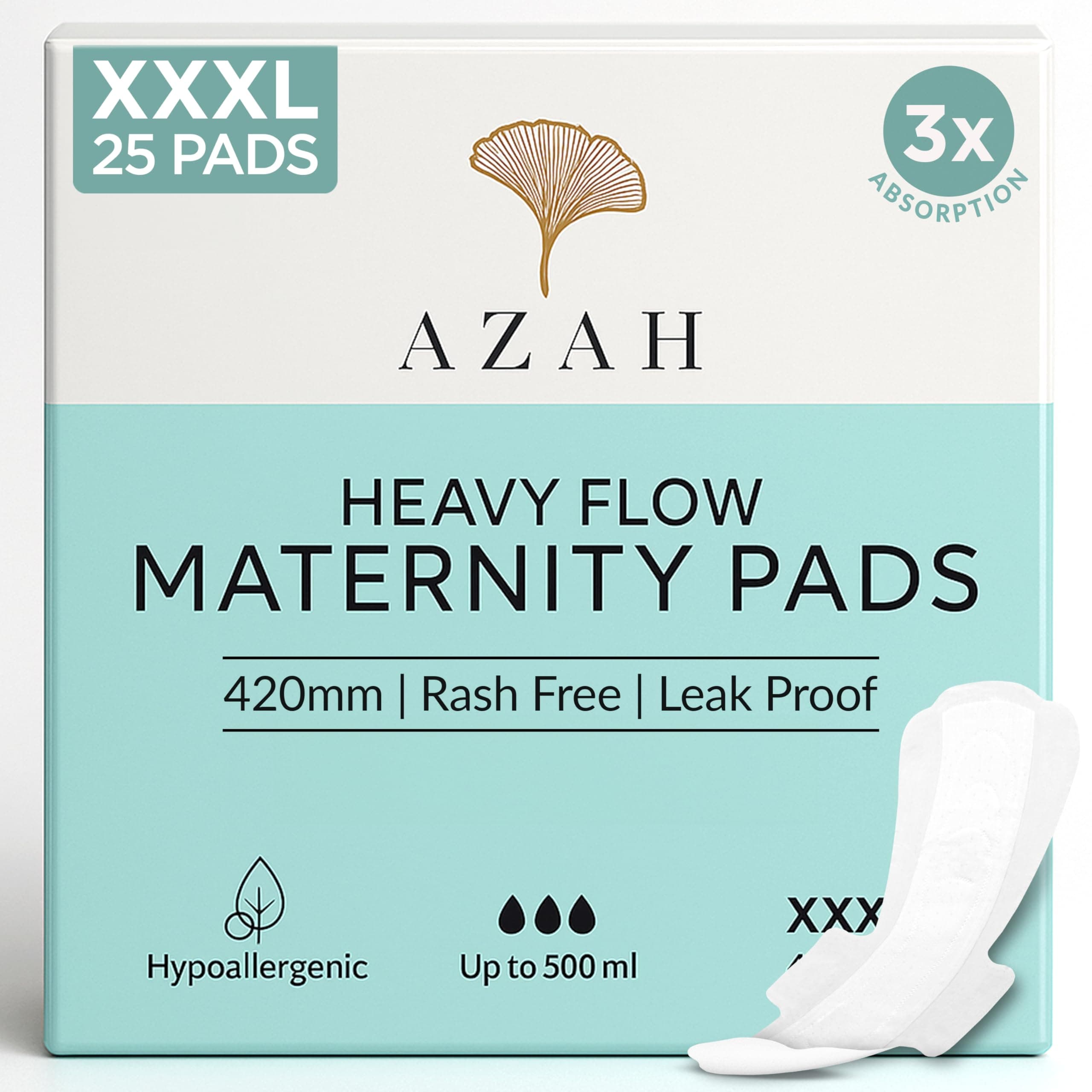 Azah Pregnancy Pads for Women, Ultra Absorbent XXXL Pregnancy Pads Organic Cotton for Strong Flow, Postpartum Flows and Overnight, Box of 25 Pads, Safe and