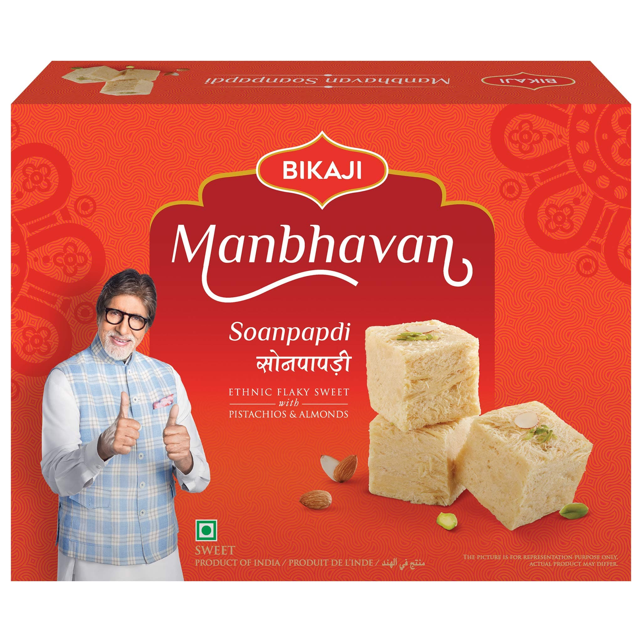 Bikaji Original Soan Papdi - Manbhavan 500g Pack | Ethnic Flaky Indian Sweet with Pistachios & Almonds | Vegetarian | Premium Mithai Box | Product of India