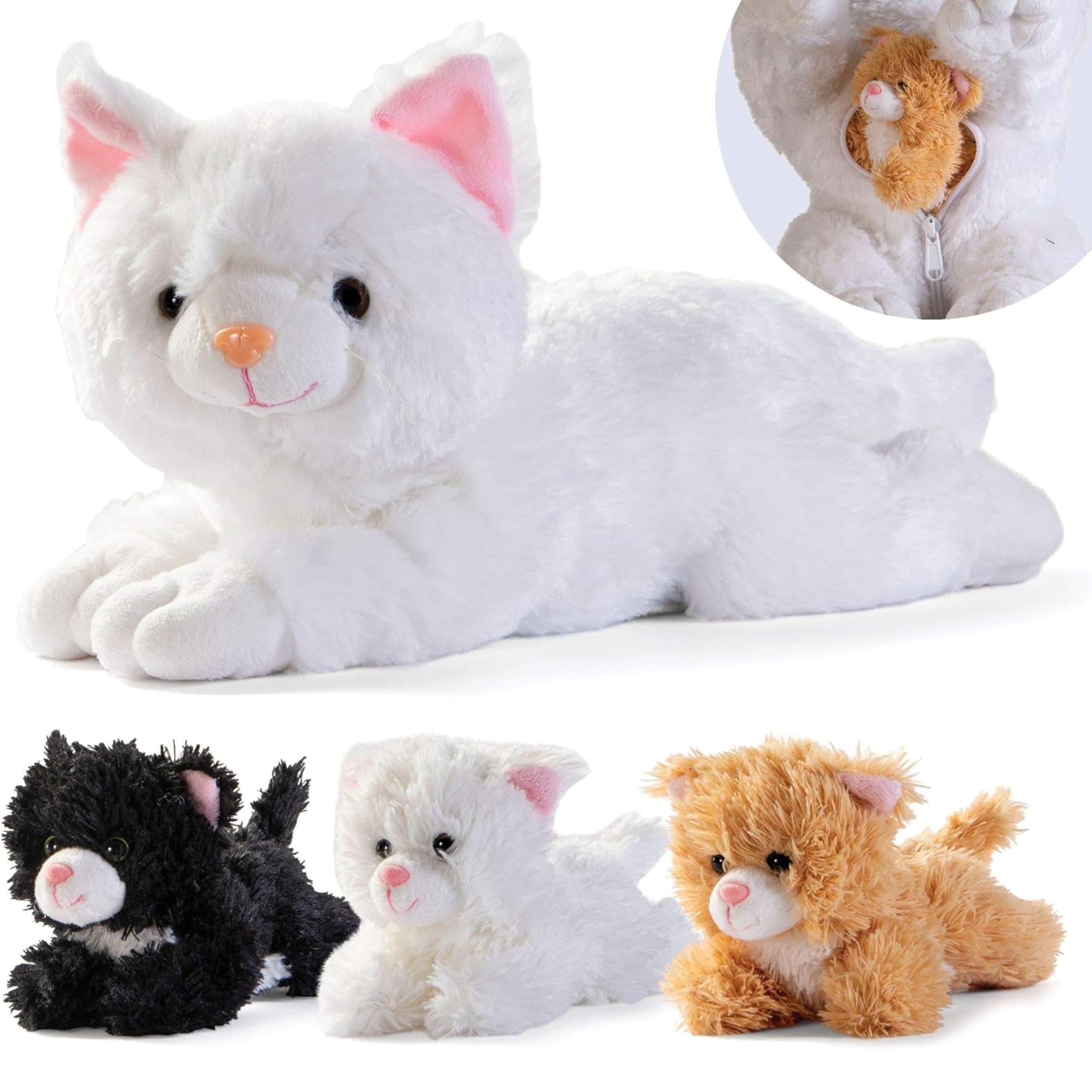 - PREXTEX Plush Cat Toys Stuffed Animal with 3 Cats Baby Stuffed Animals - Big Cat Zippers 3 Little Plush Baby Kittens - Animal with Babies - Gift for Cats Lovers
