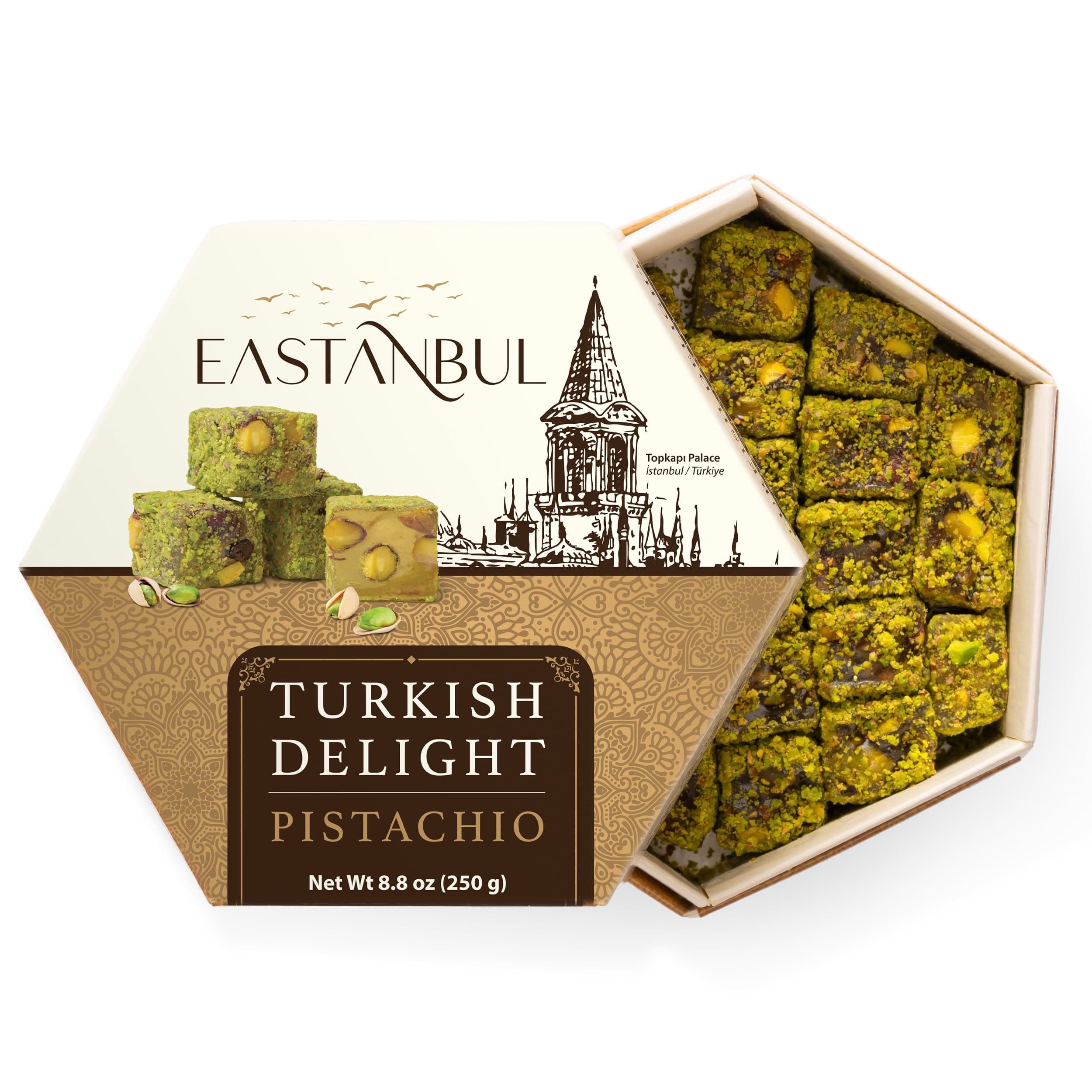 Turkish Delight Pistachio, 8.8oz, Turkish Delights Candy, Gourmet & Double Roasted Pistachios Filled, Rich Nuts Content, Lokum, Loukoumi, Vegan Gifts, Gluten Free, No Synthetic Ingredient