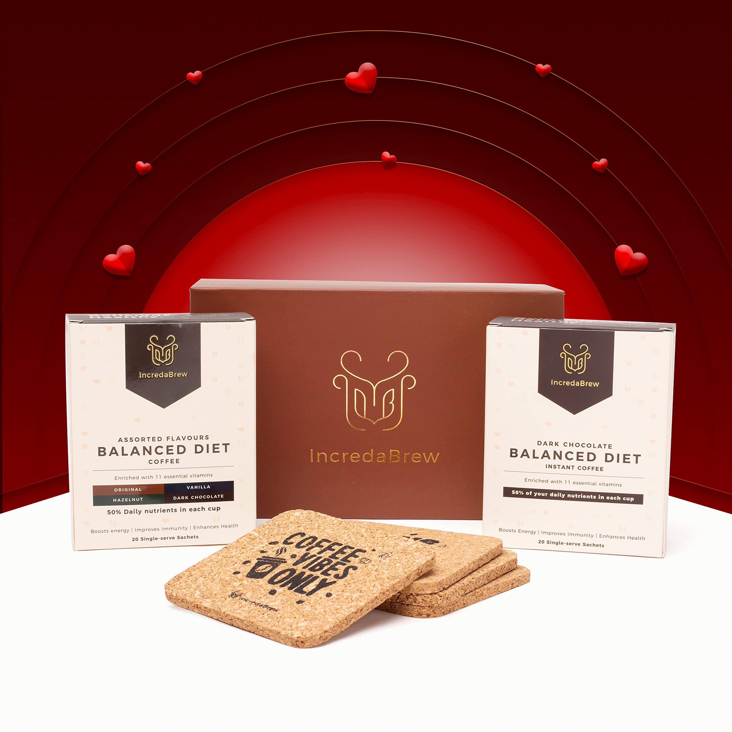 IncredaBrew Premium Instant Coffee & Coasters Giftset - Assorted Flavours and Dark Chocolate Instant Coffee Sachets (40 x 2.2g each) + 4 Cork Coasters | Makes 40 Cups of Flavoured Coffee