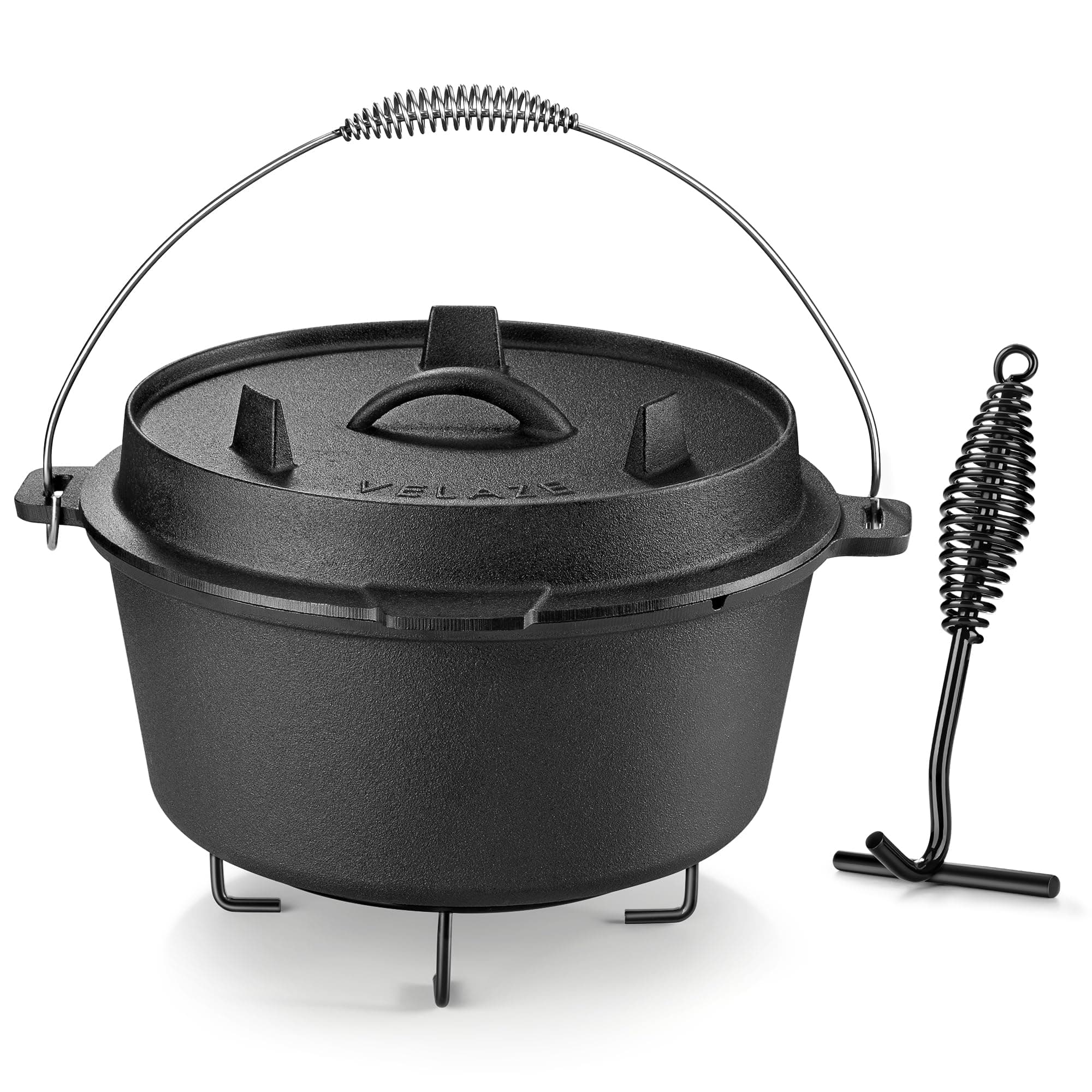 10QT Camping Dutch Oven, Pre-Seasoned Cast Iron Camp Dutch Oven Pot with Lid, for Use in the Oven, on the Stove, Grill, or over the Campfire - Metal Handle, Lid Lifter, and Stand Support