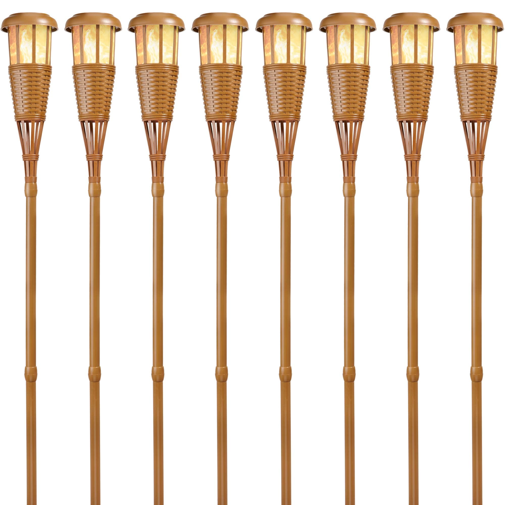 Newhouse Lighting FLTORCH8 LED Island Torch Solar-Powered Flickering Dancing Flame Effect, Waterproof Outdoor Landscape Lighting, Bamboo Finish, 8-Pack