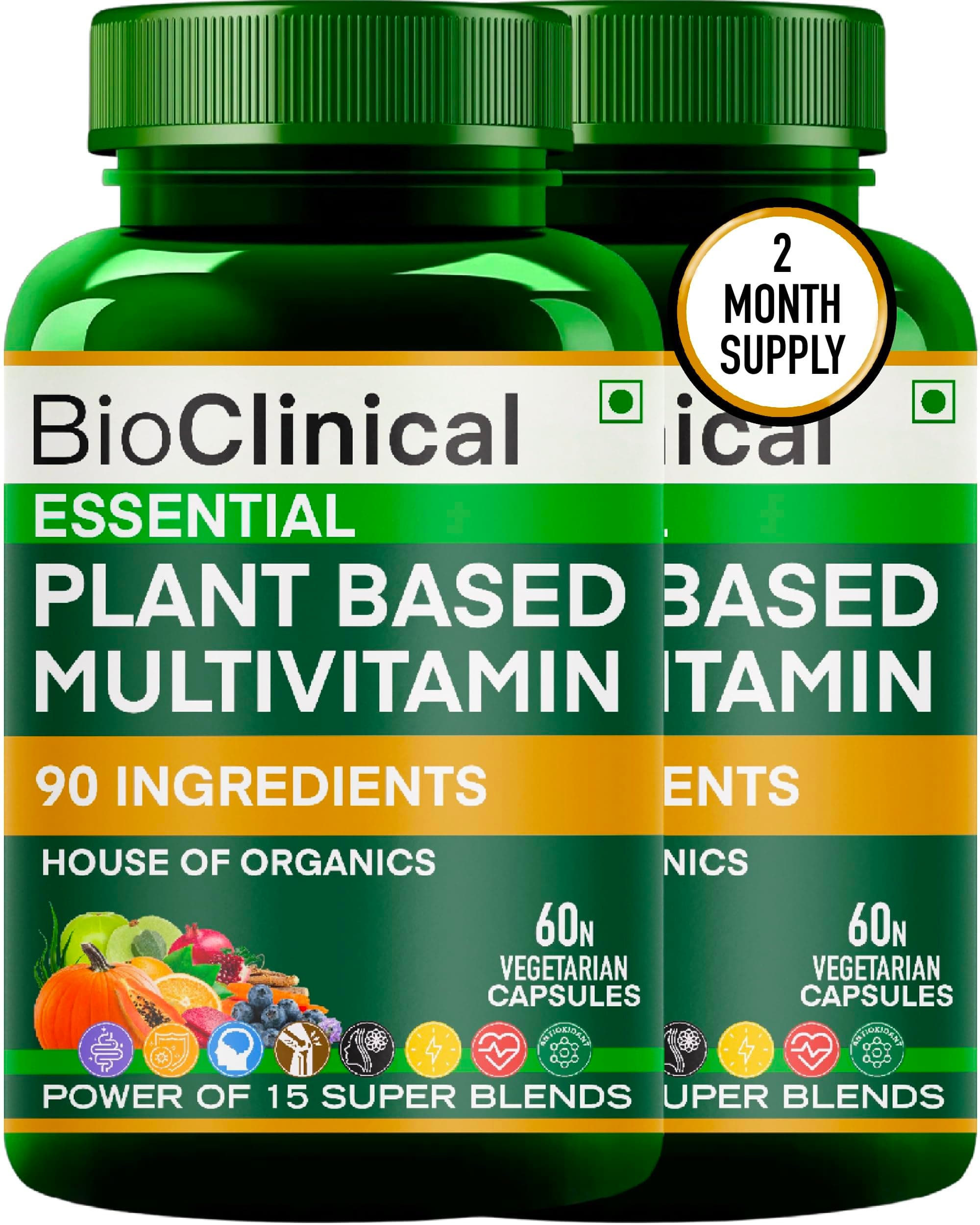 BioClinical Plant Based Multivitamin for Men & Women - Organic Natural Vitamins - Daily Vital Nutrition - Nature Made, Ayurvedic & Whole foods Supplement -Energy, Hair & Bone Health-120 Veg Capsules