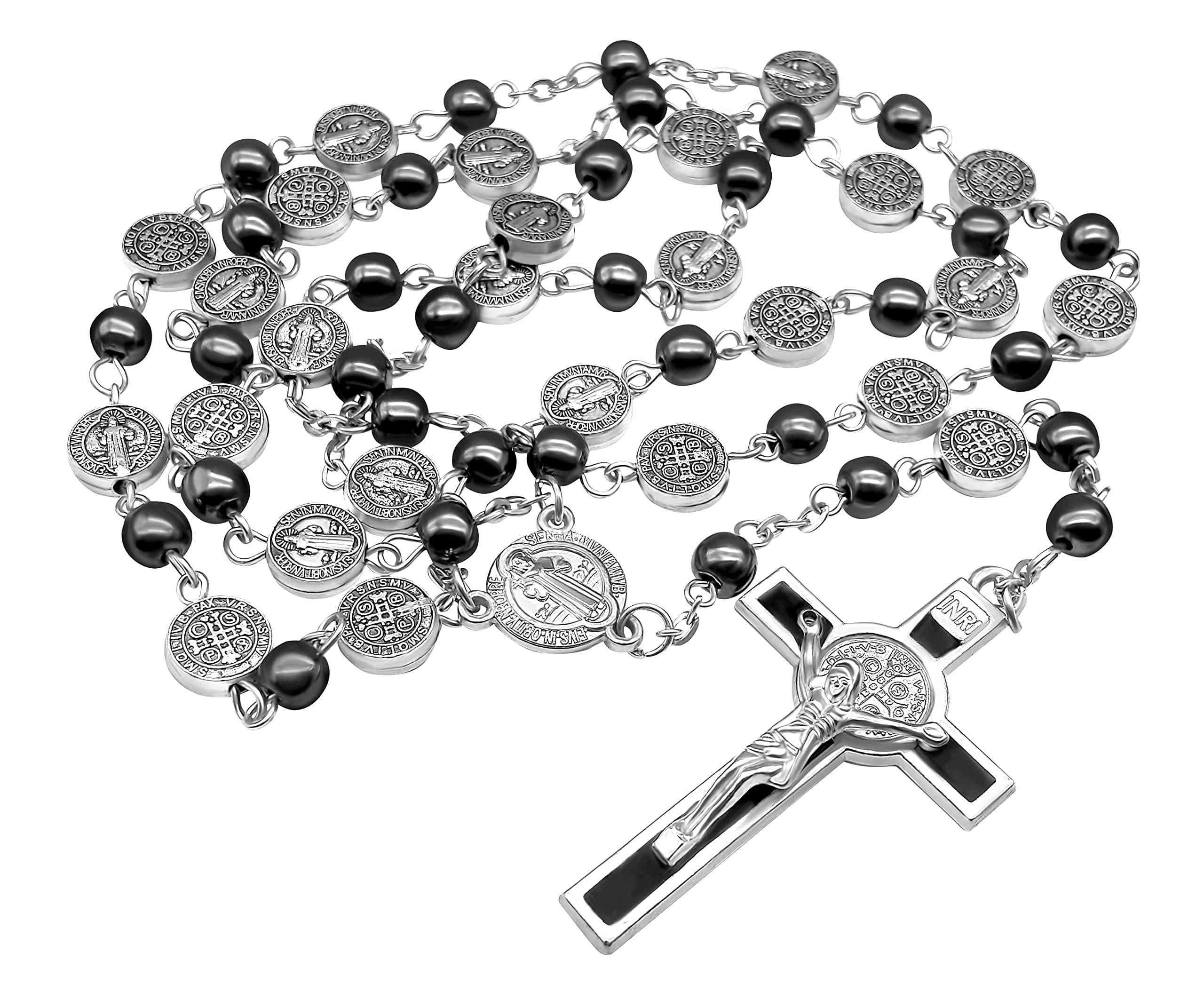 Nazareth Store ST Saint Benedict Hematite Rosary Metal Beads Catholic Necklac...