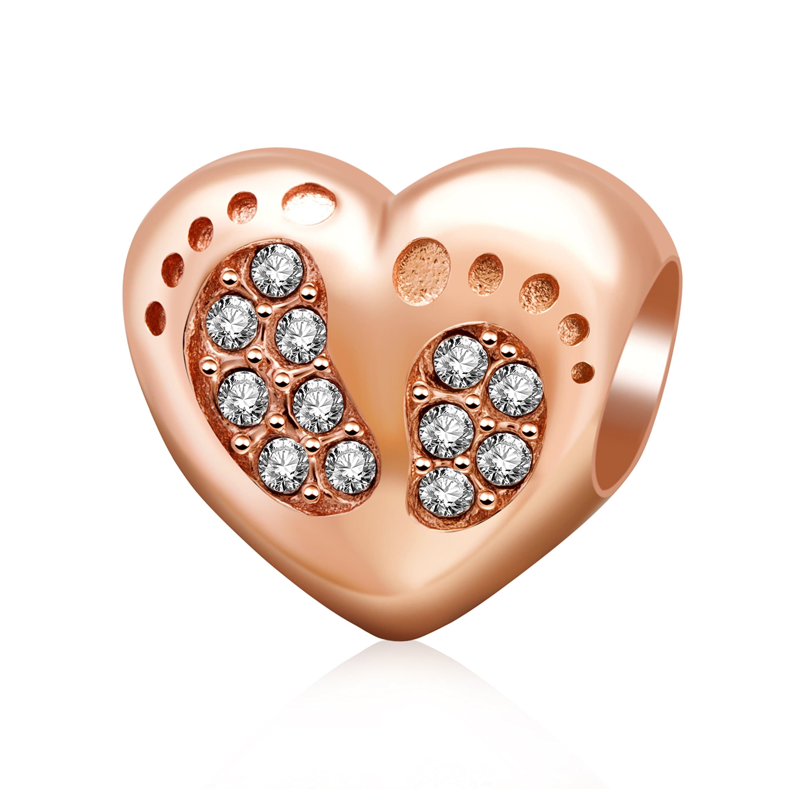Heart Love Baby Footprints Charms 925 Sterling Silver Jan-Dec Birthstone Crystal Charms Beads for Pandora Bracelets,Valentine's Gifts