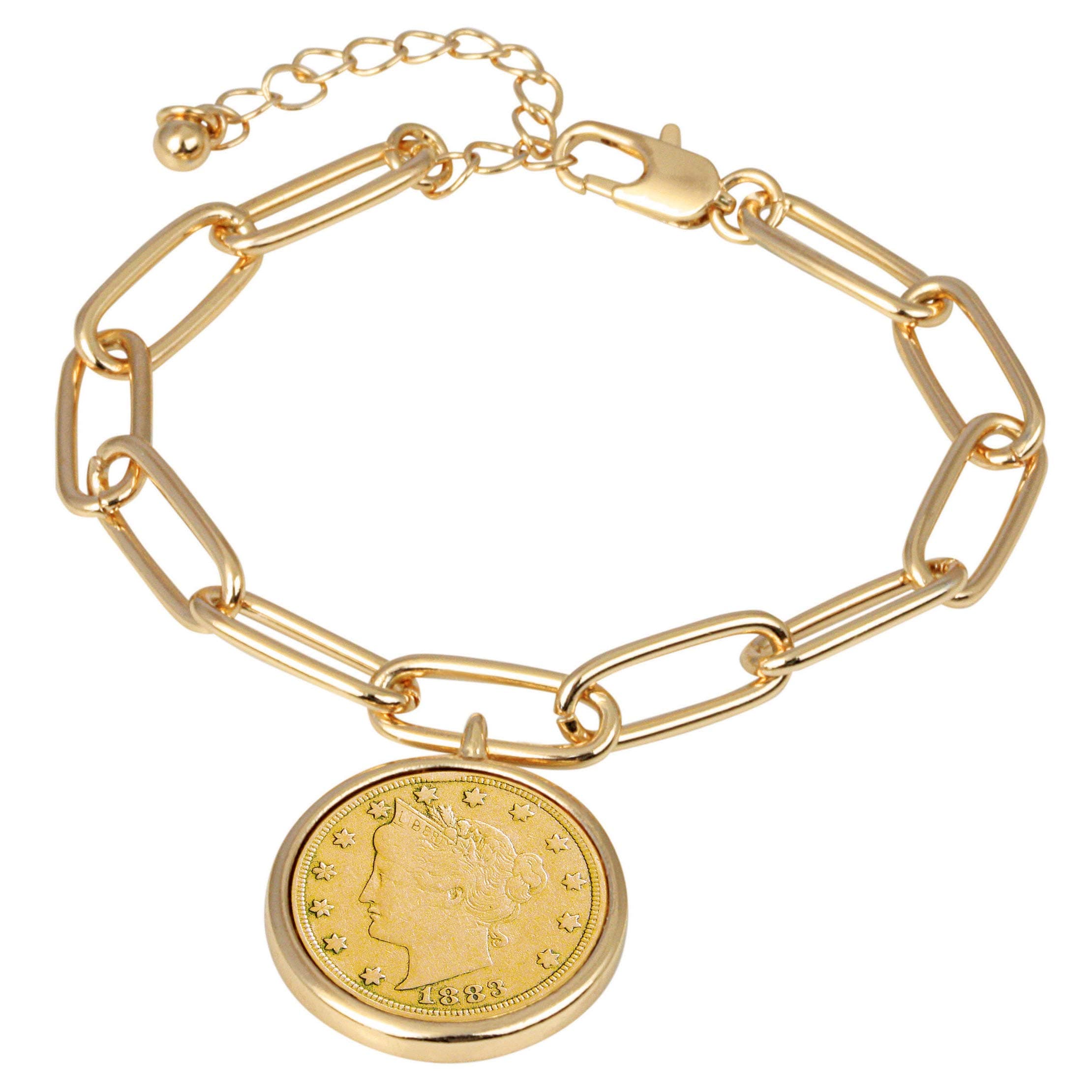 Liberty Nickel Gold-Layered Coin Elongated Link Bracelet | Goldtone Clip Style | 7 Inch 3 Inch Extender with Lobster Claw Clasp | Certificate of Authenticity, 7", Metal, no