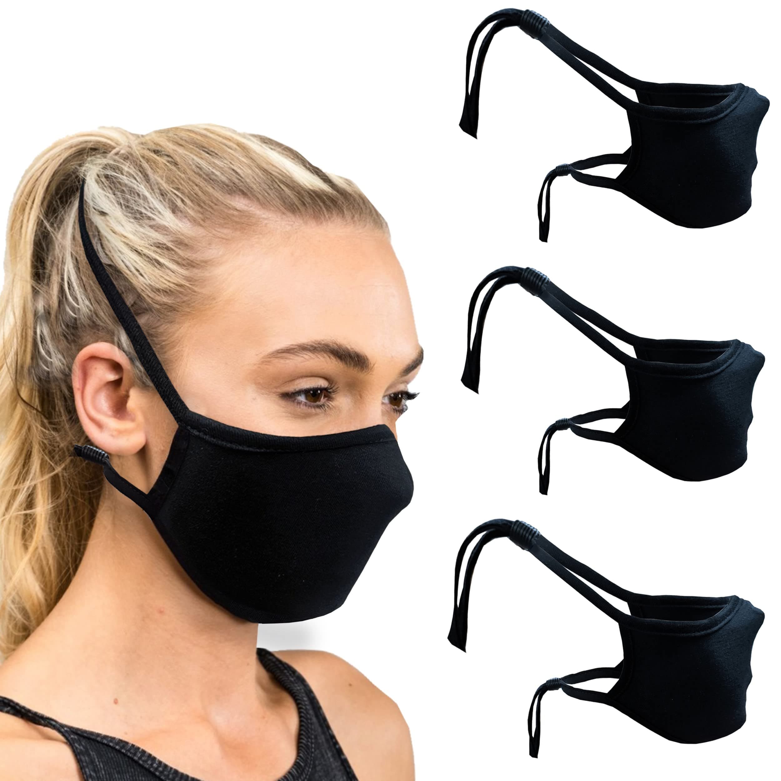 Reusable Black Cloth Face Mask For Men And Women - Washable Breathable Ear Saver Cotton Face Cover
