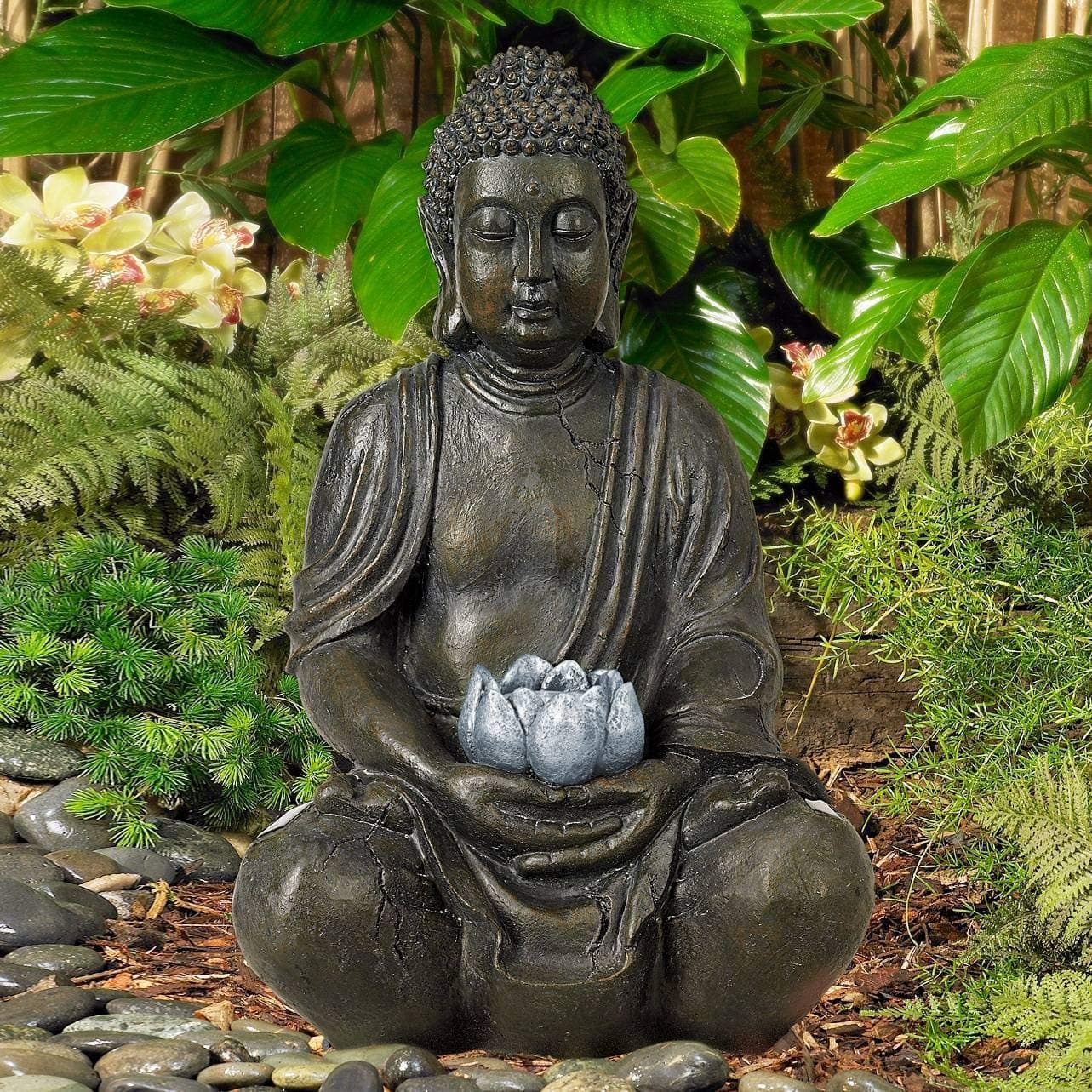 John Timberland Sitting Buddha Statue Sculpture Solar Powered LED Light Zen Asian Japanese Garden Decor Outdoor Front Porch Patio Yard Outside Home House Brown Bronze Finish Resin 19 1/2" Tall
