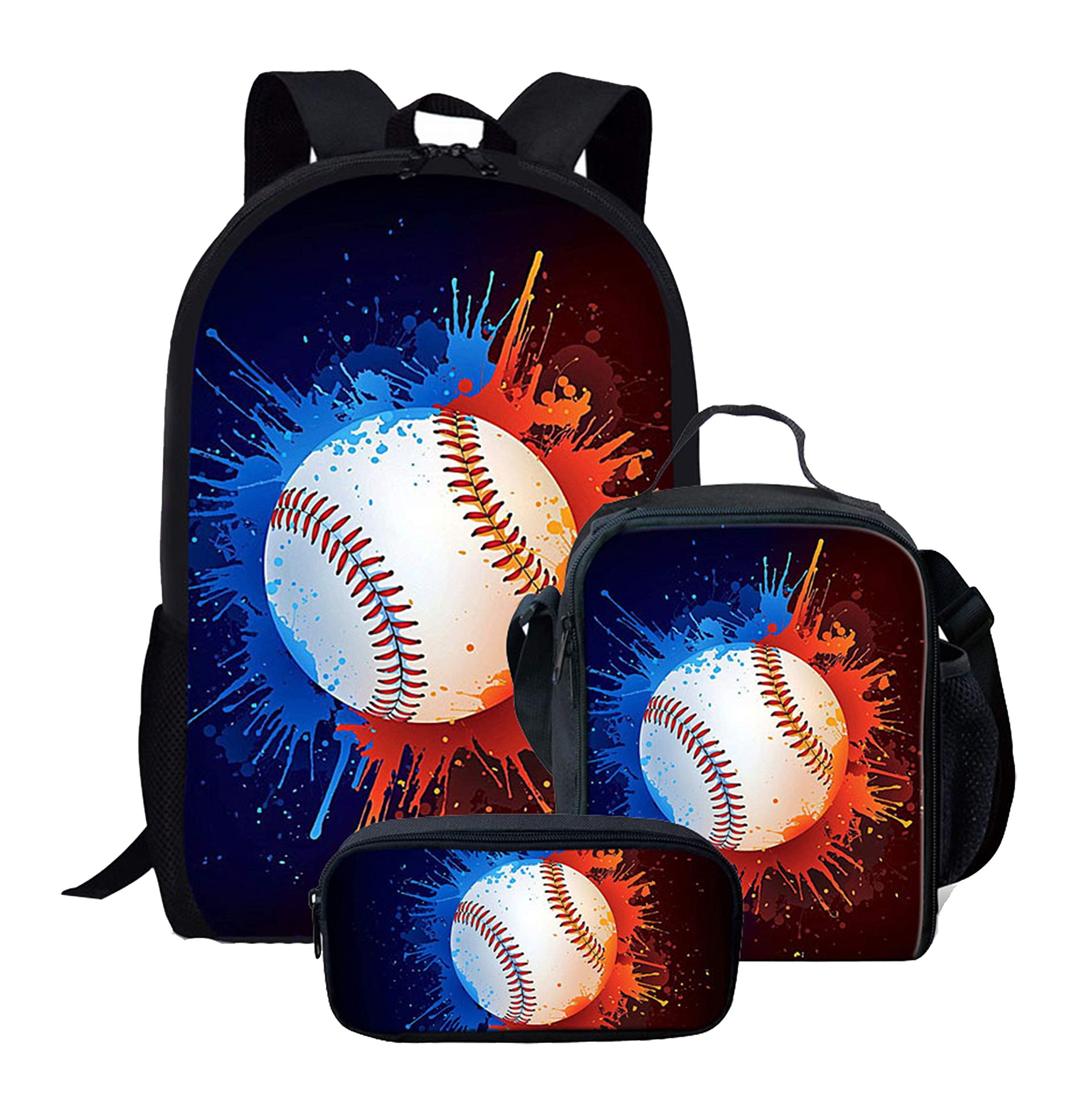 Baseball Print Boys Girls Backpack Daypack Set 3 Pieces School Bookbag Lunchbox Pencil Bag