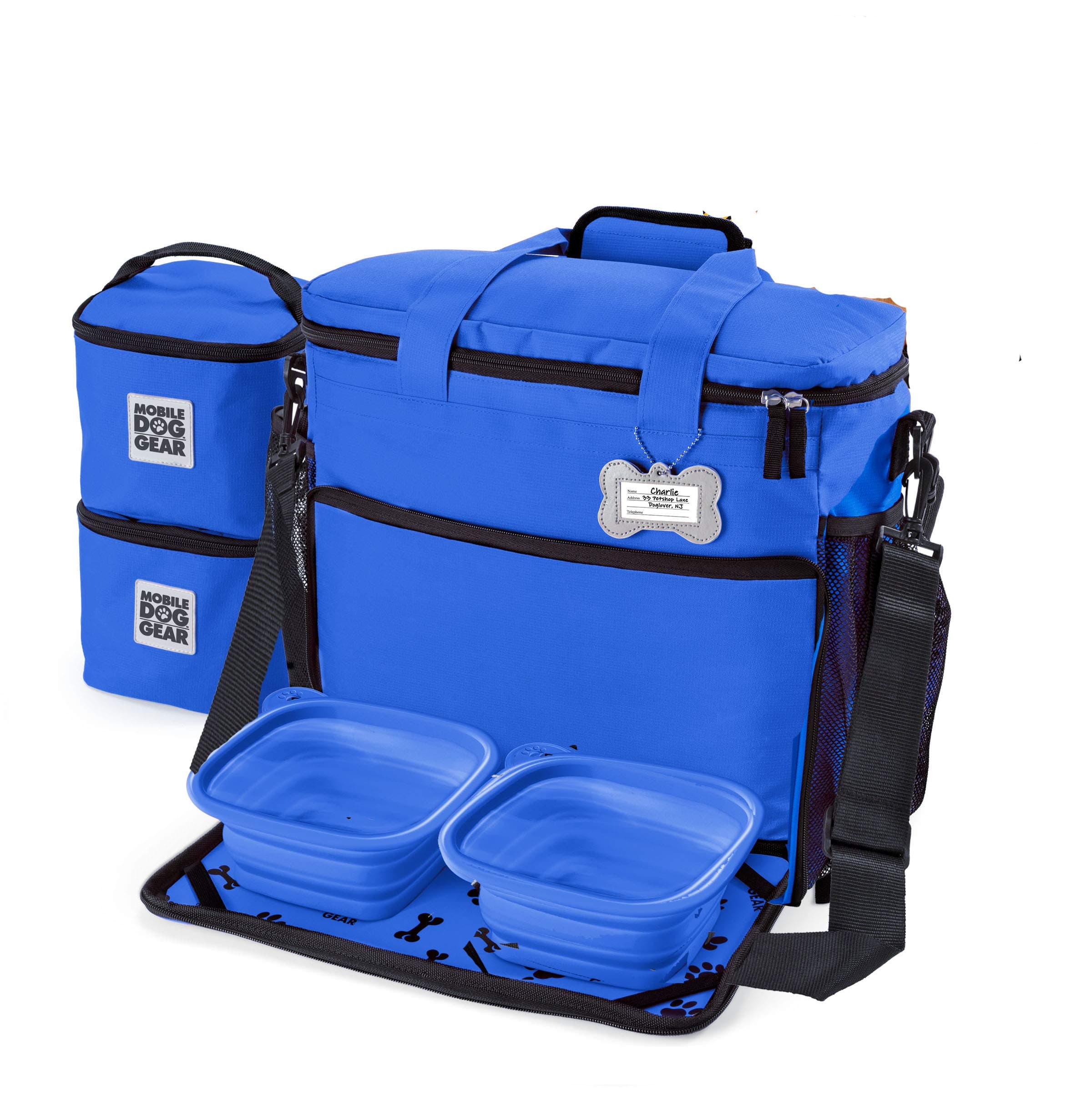 Mobile Dog GearWeek Away Airline Approved Dog Travel Bag (15"x7"x14", Blue) - Includes 2 Pet Food Storage Containers + 2 Collapsible Dog Water Bowls