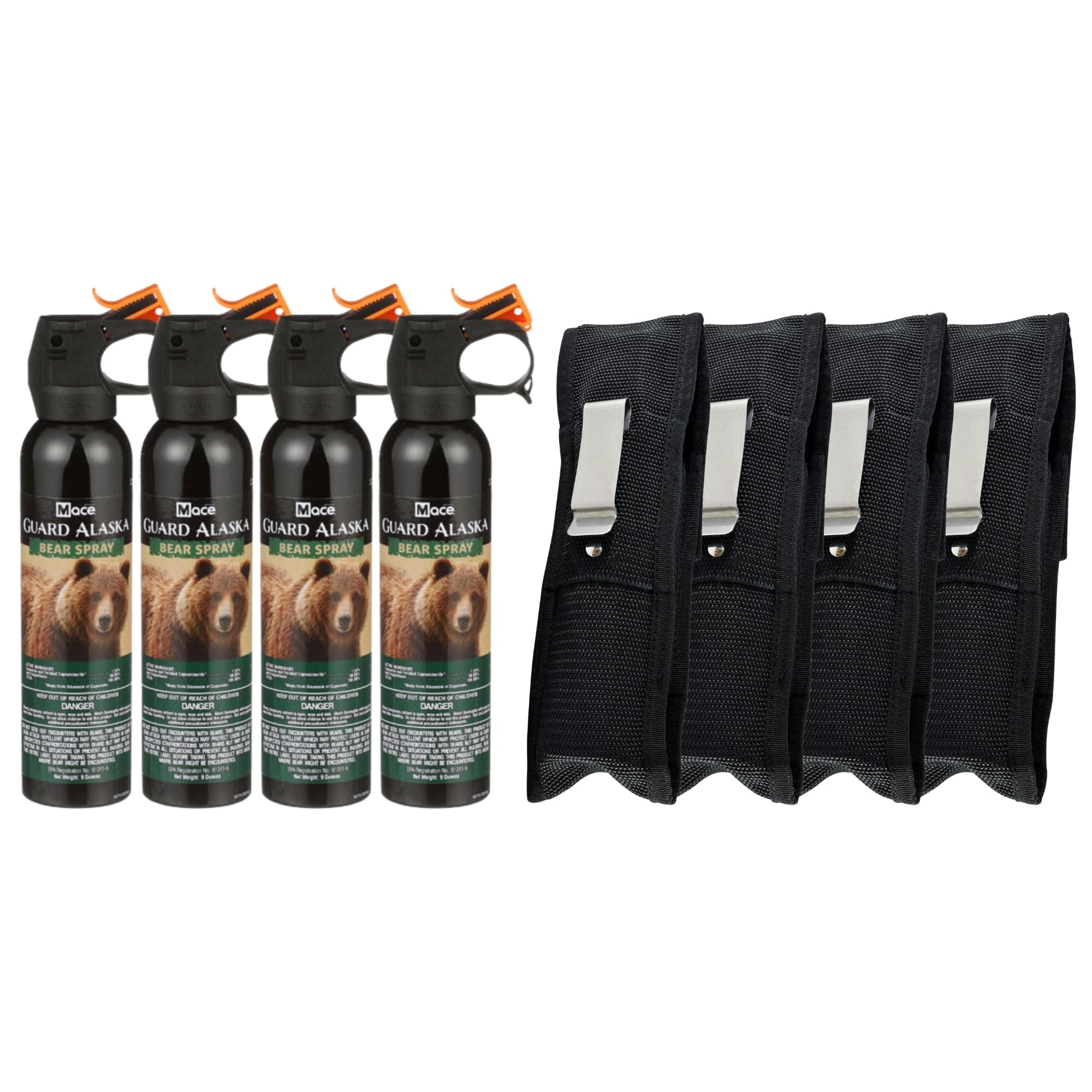 Guard Alaska 9 oz. Bear Spray and Pepper Defense Belt Clip Holster - Maximum Strength Pepper Spray for Hiking, Camping, Outdoors, Self Defense (4-Pack)