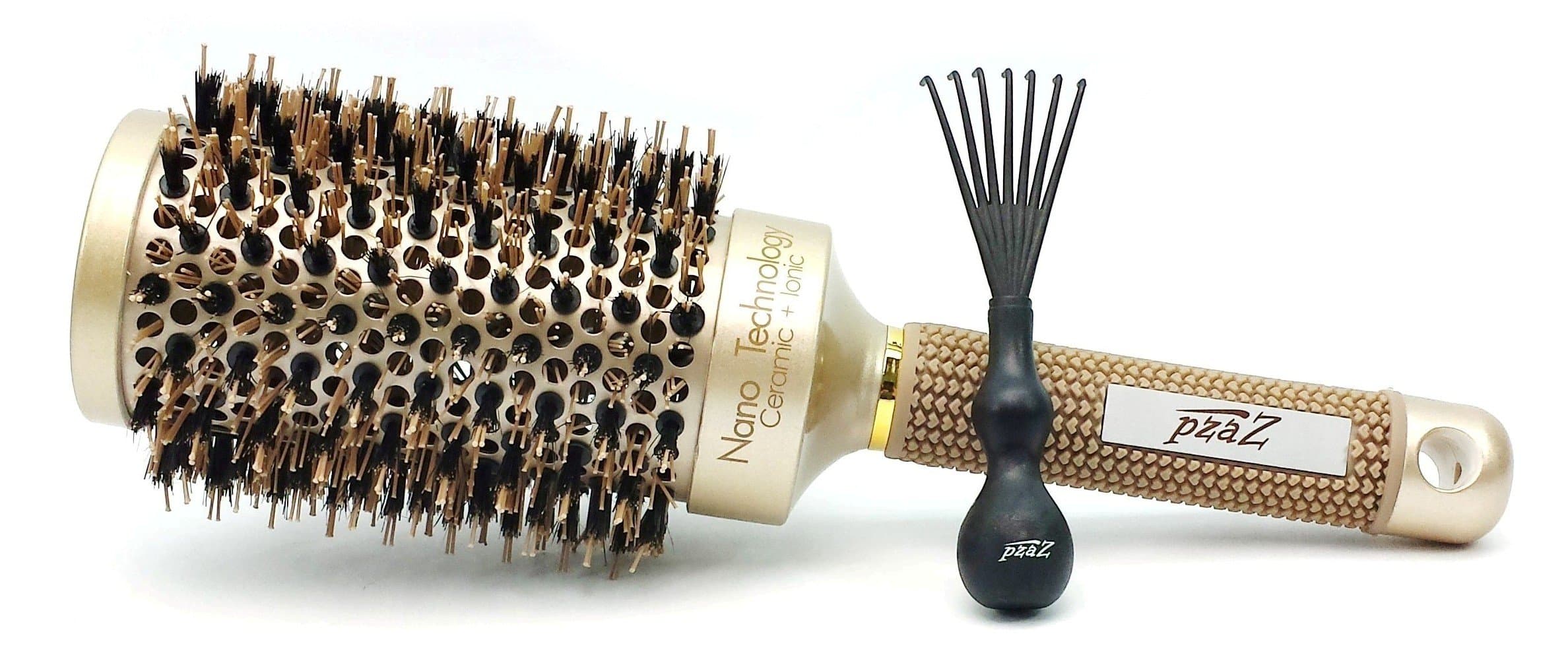 Round Hair Brush by pzaZ | Boar Bristles + Ceramic Ionic + Straighten, Curl, Add Volume + 3" barrel including bristles + BONUS Brush Cleaner