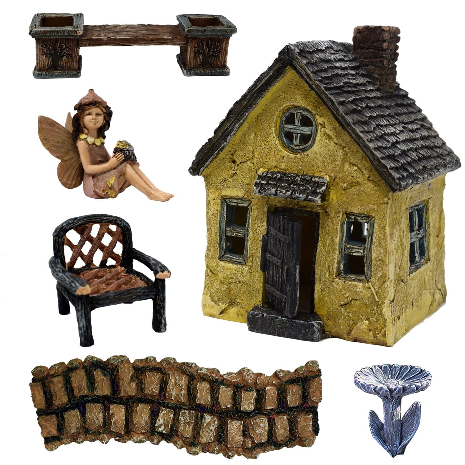 6 Piece Fairy Garden Village Accessories Set Kit Miniature Cottage House With Door, Girl Statue Figurine, Chair, Stone Walkway, Bench With Planter, Birdbath Pick For Terrarium Lawn Patio Outdoor Décor