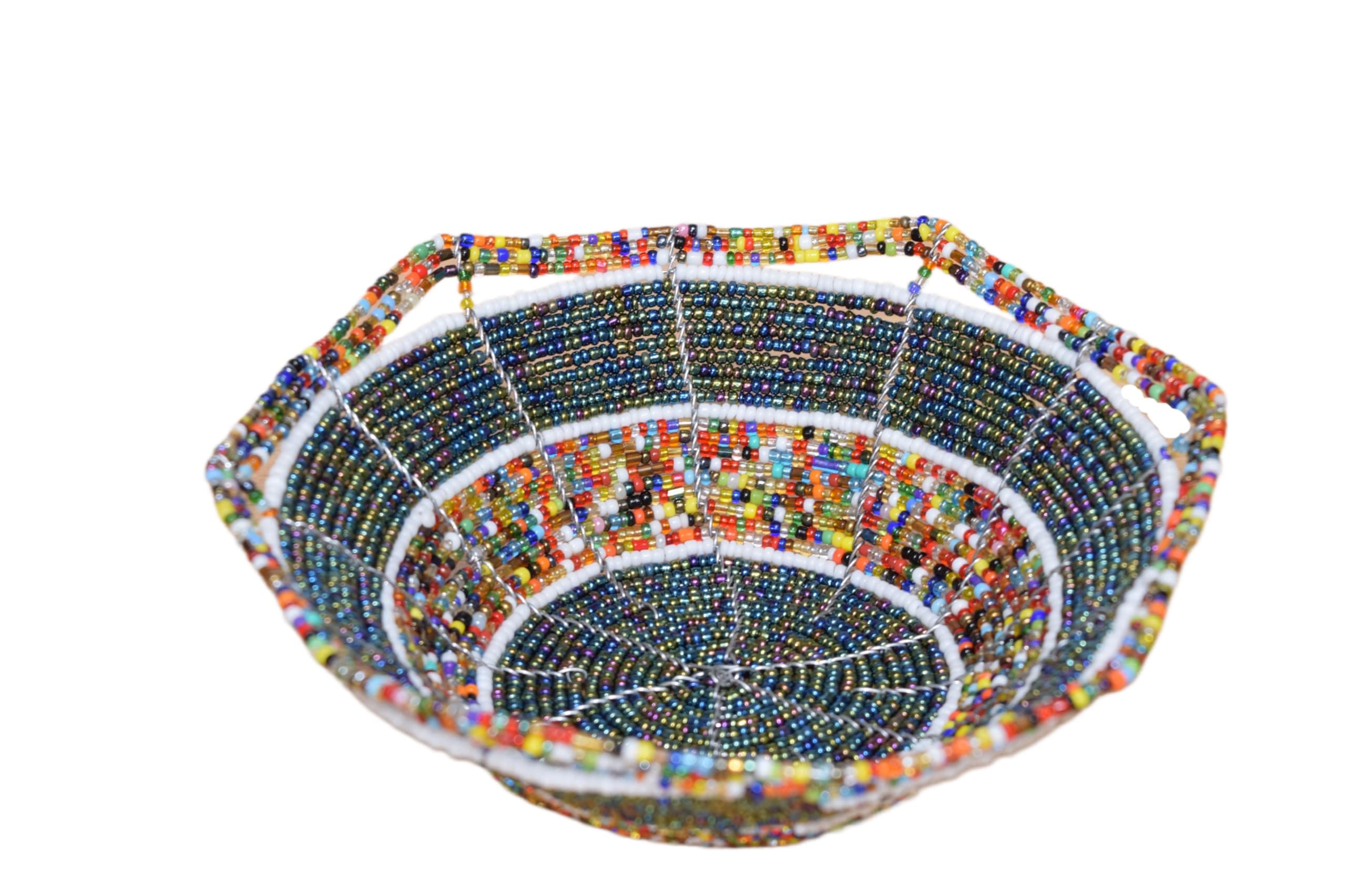 Small African Beaded Wire Bowl - Maasai Jewelry Bowl - Handmade in Kenya - 6 Inches, Metallic Green