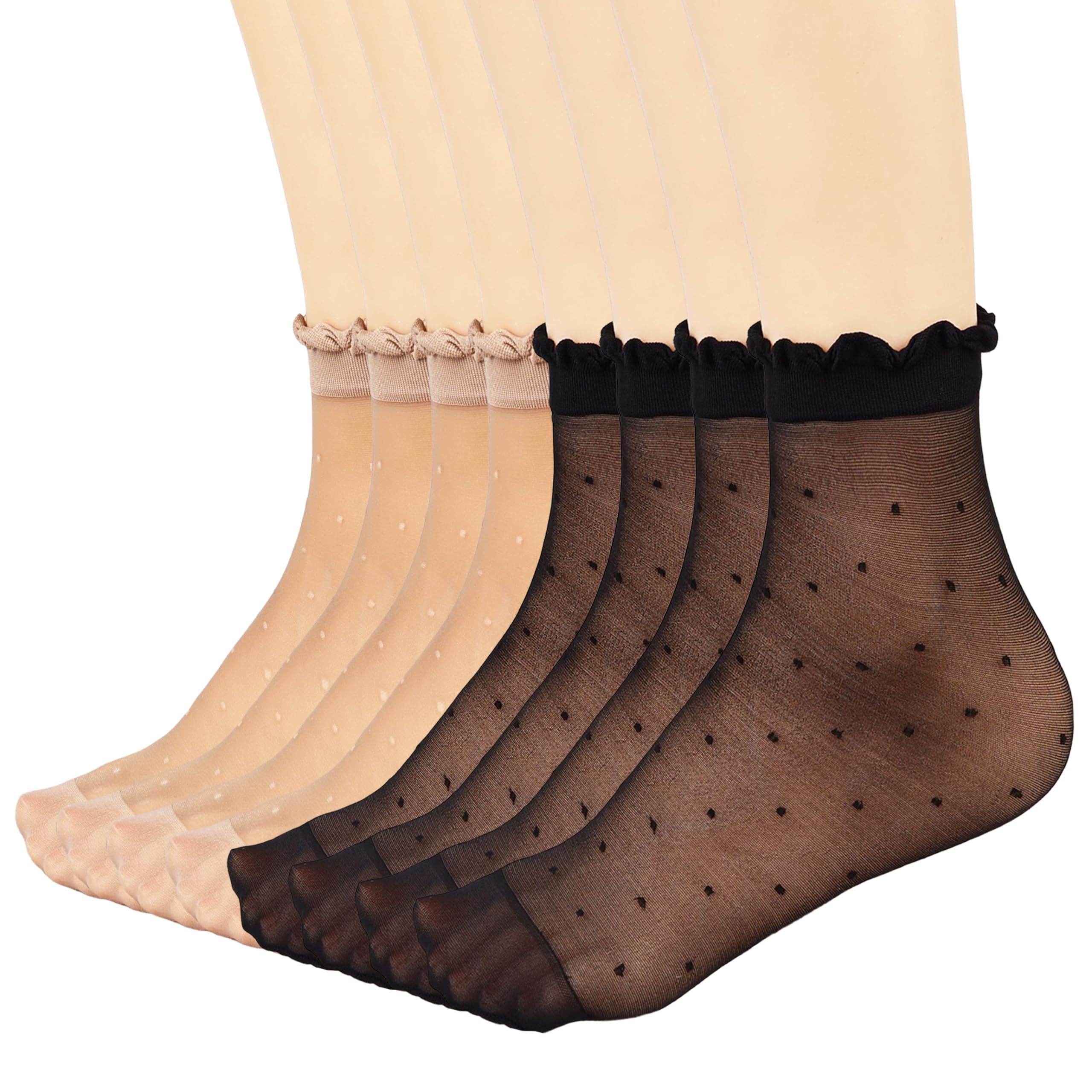 Mcool Mary 12 Pairs Women's Sheer Ruffled Socks Frilly Ankle High Nude Nylon Stocking Ultra Thin Cool Silk Socks for Women