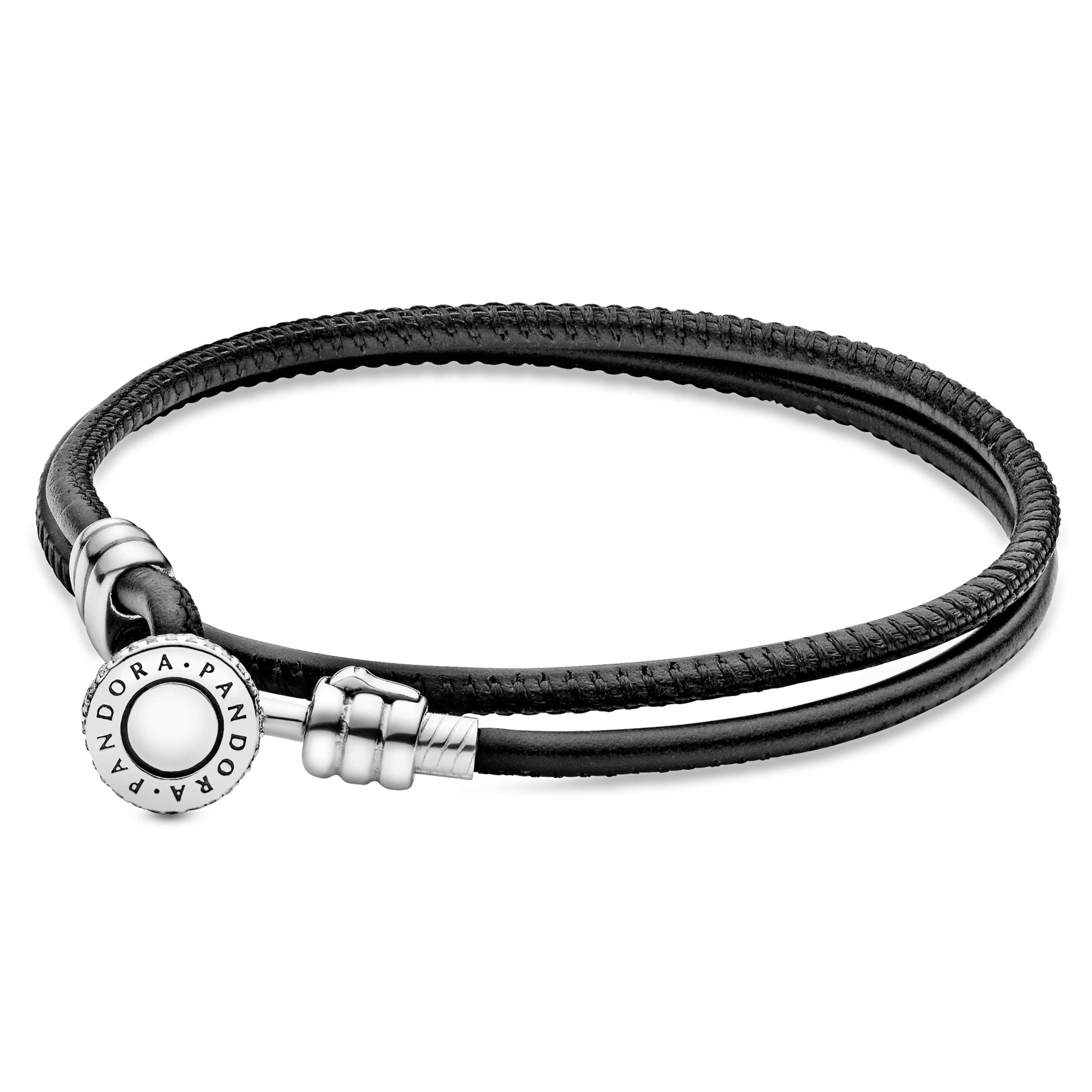 PANDORA Jewelry Double Leather Cubic Zirconia Bracelet in Sterling Silver, 13.8"