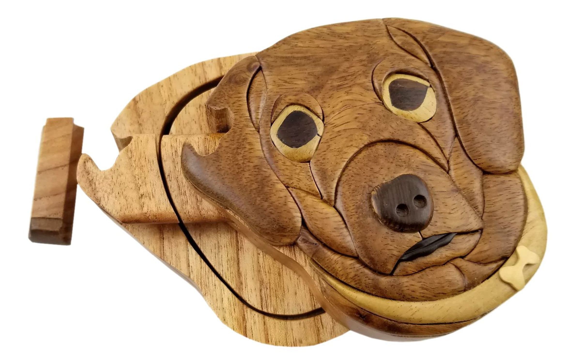 Dog All Natural Exotic Woods Puzzle Box, 4.25 x 4 x 2 with Sliding Wooden Key Lock, Sliding Cover and Inner Lid to Hidden Compartment. Hand-made Wood Onlay Design on Lid.