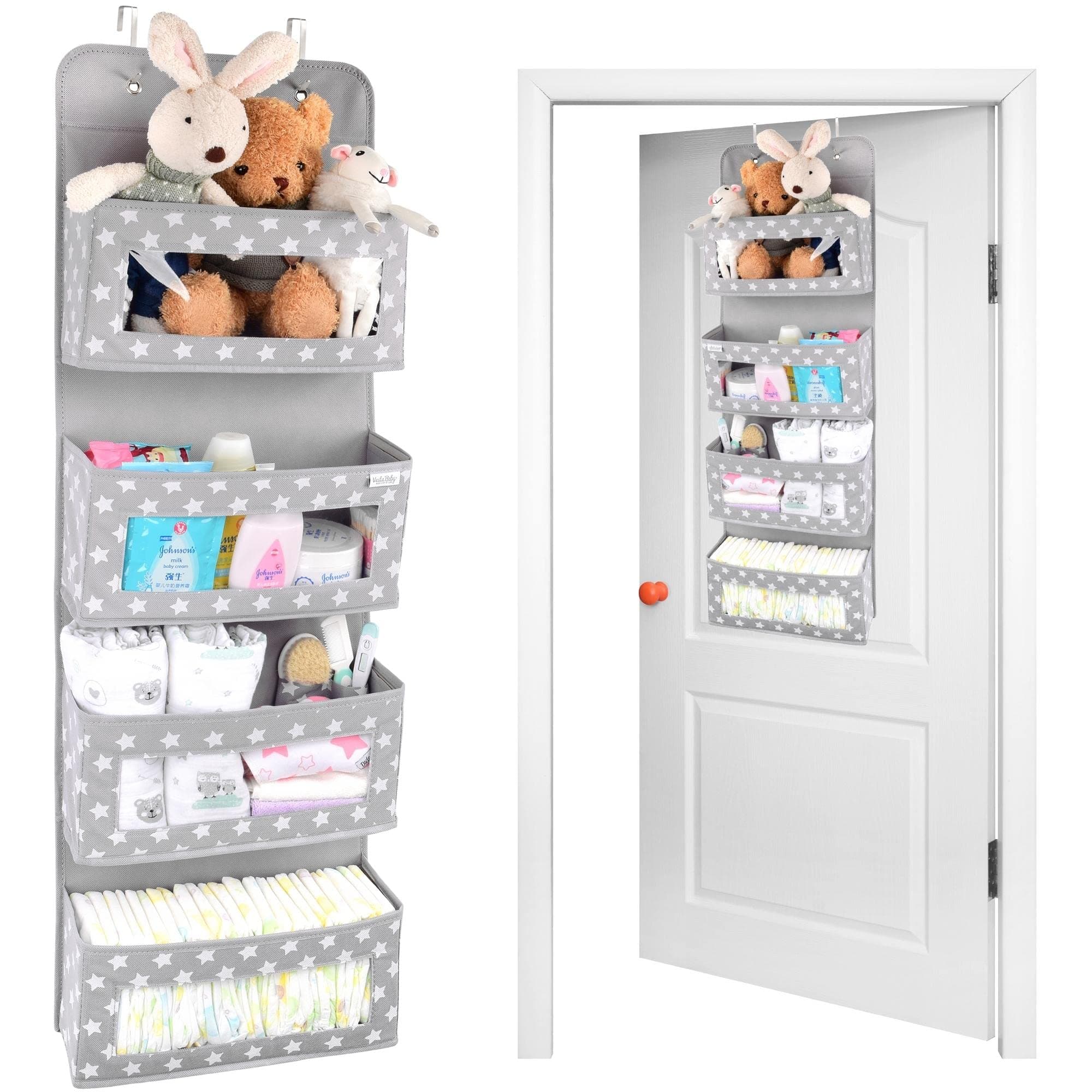 Vesta Baby Nursery Over Door Hanging Organizer with Metal Hooks | 4 Large Clear Window Pocket Storage for Kids Room, Bathroom, Closet | Gray Star Fabric Caddy for Diapers, Toys, Cosmetics, Clothes