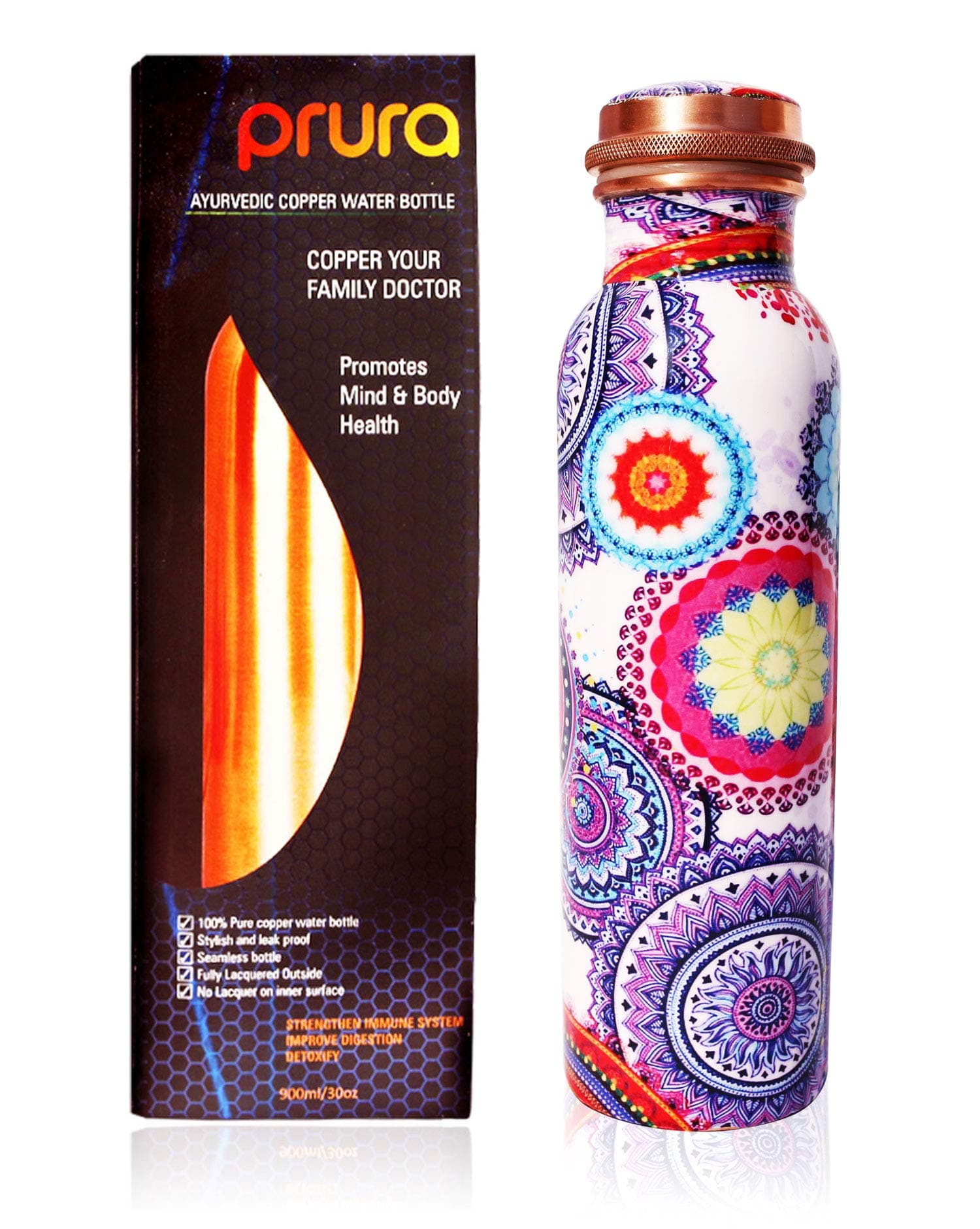 PRURA Antique Black Bubbled Copper Water Bottle - Leak Proof Ayurvedic Drinkware Copper Vessel for Sports, Gym, Outdoors, Yoga (Design 10)