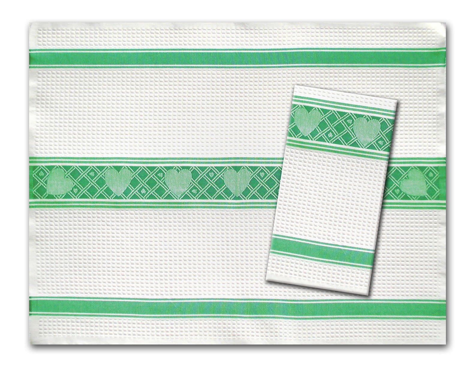Green 100% Cotton Waffle Weave Kitchen Tea Towels Hearts by Ulster Linen Set of 2