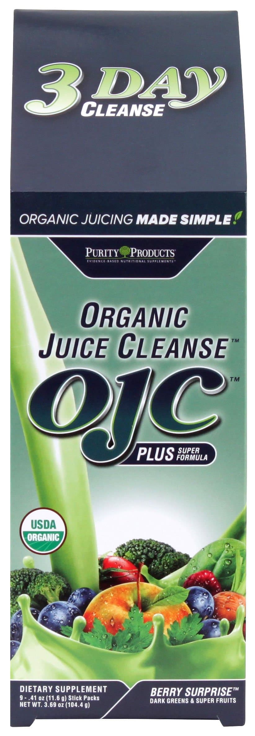 Purity Products 3 Day Organic Juice Cleanse – OJC - Over 30 Certified Organic Vegetables & Super Fruits w/A Prebiotic, Enzymes & A Liver Support Blend - 9 Convenient On-The-Go Stick Packs