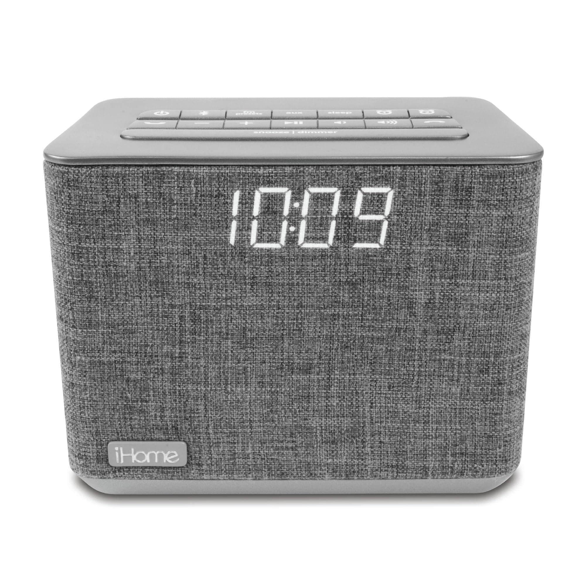 Bluetooth Dual Alarm FM Radio Clock with Speakerphone and USB Charging, - Grey